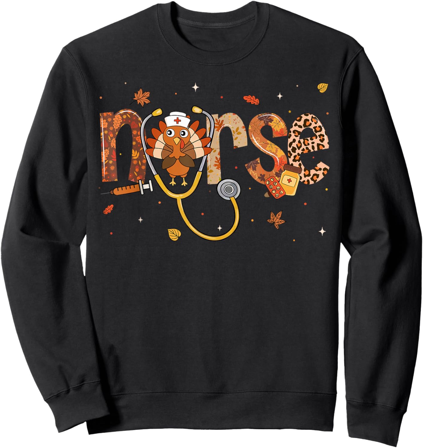 Thanksgiving Nurse Shirts Women Girls Turkey Fall Scrub Top Sweatshirt - Sweatshirt | Black