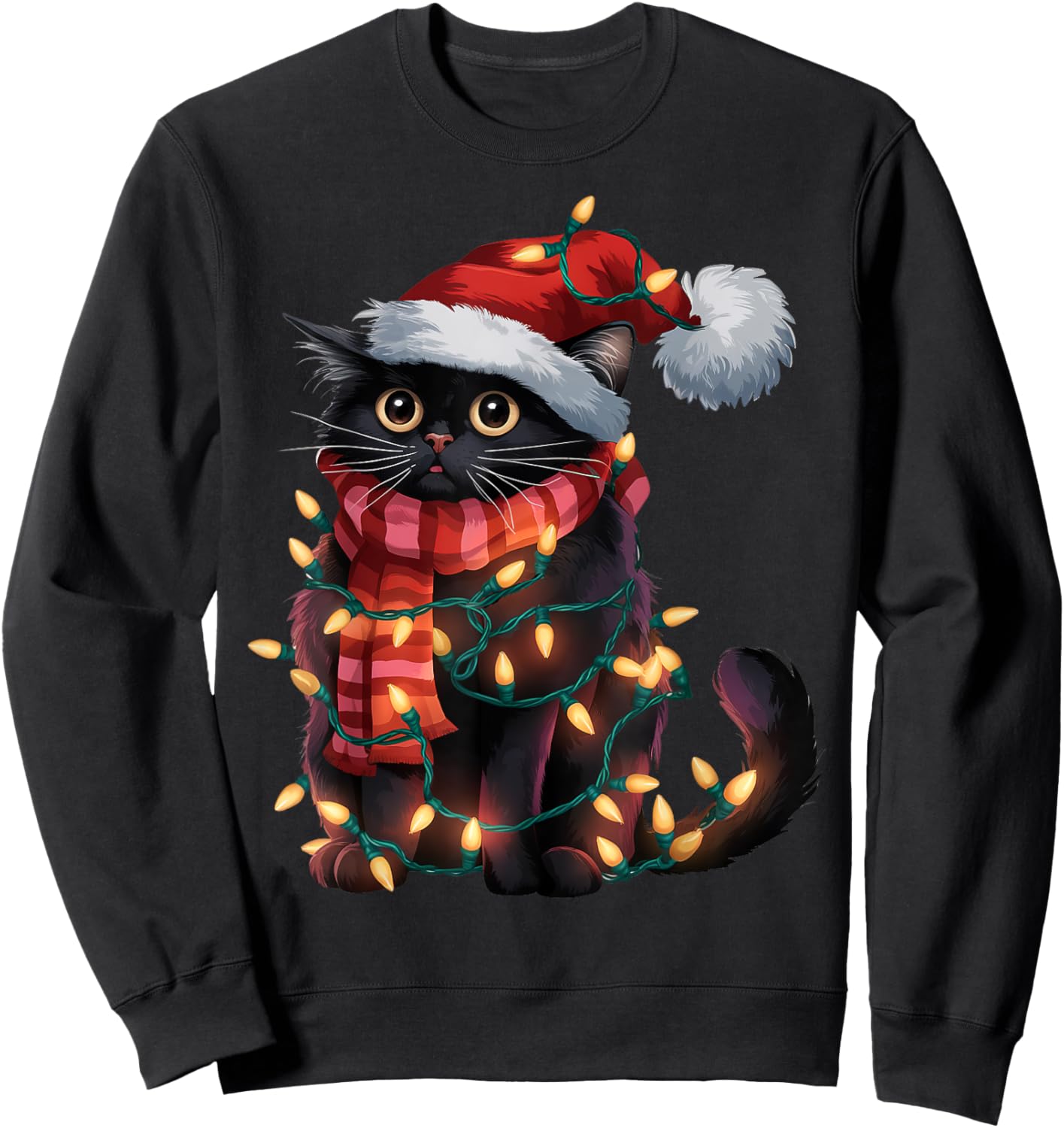 Black Cat Christmas Shirt Santa Hat Xmas Lights Sweatshirt - Sweatshirt | Black
