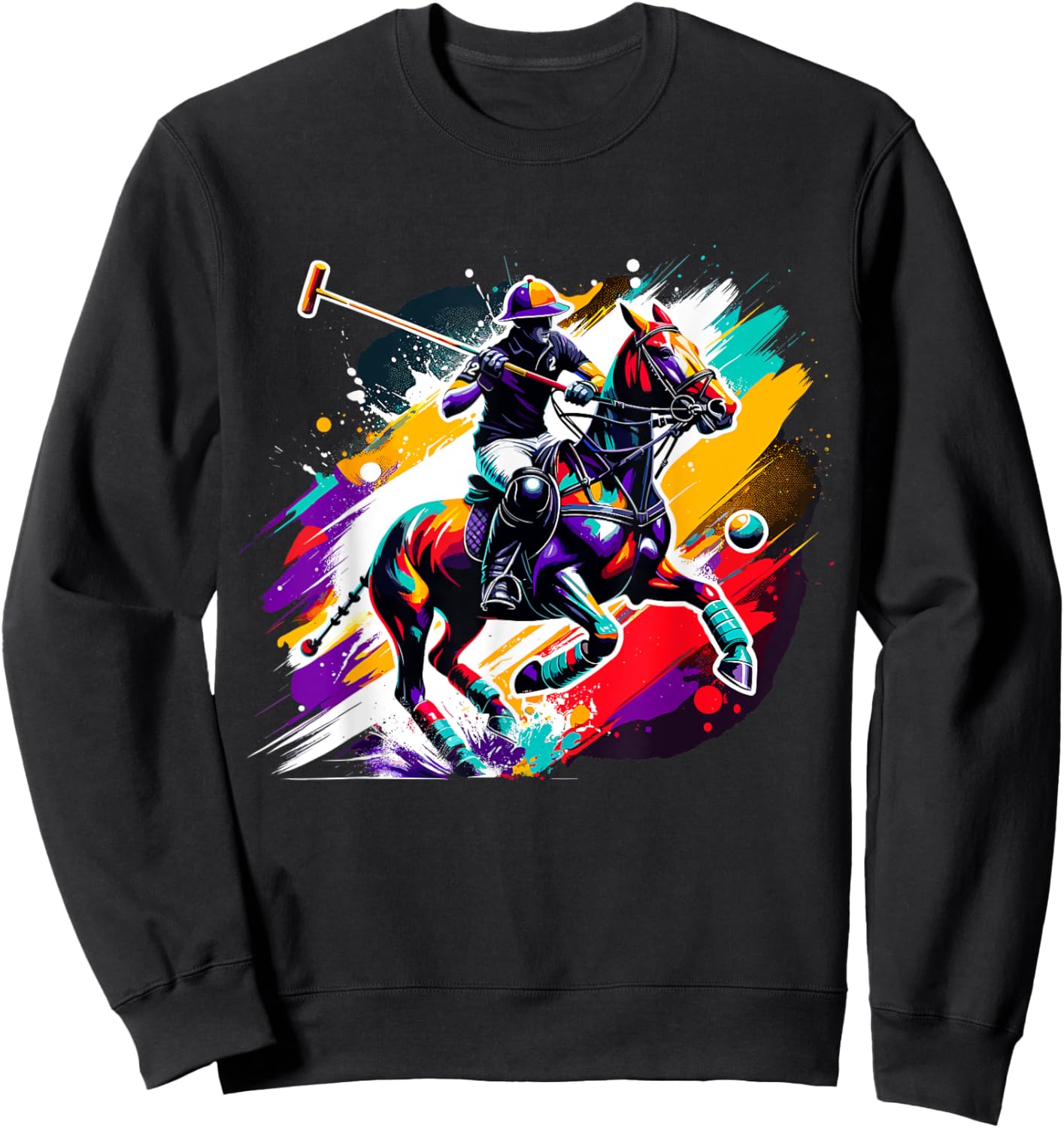Colorful Polo Player on Horse Equestrian Sweatshirt - Sweatshirt | Black