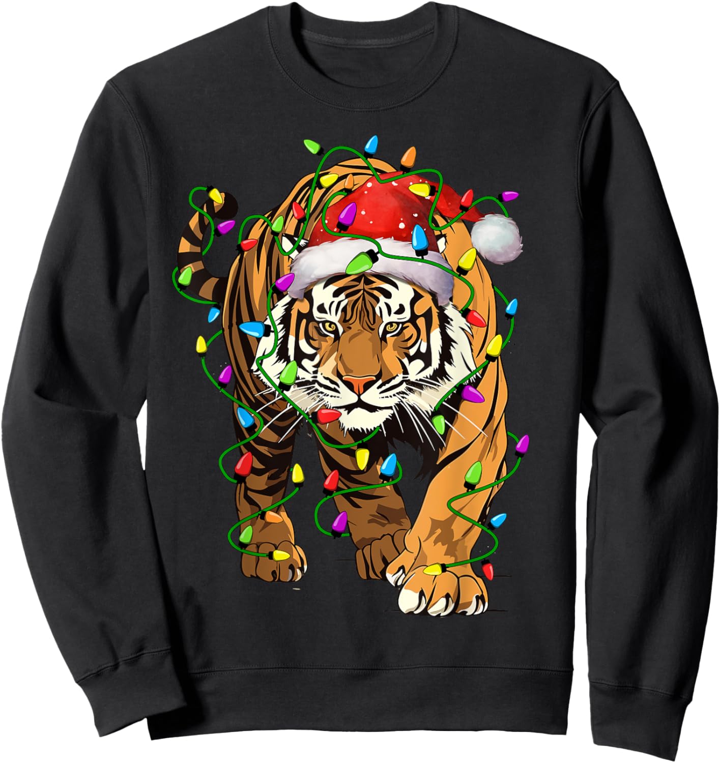 Tiger Santa Christmas Tree Lighting Xmas Funny Sweatshirt - Sweatshirt | Black