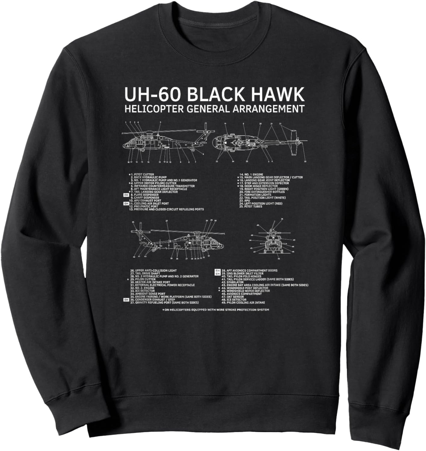 UH-60 Black Hawk Military Helicopter Diagram Infographic Sweatshirt - Sweatshirt | Black