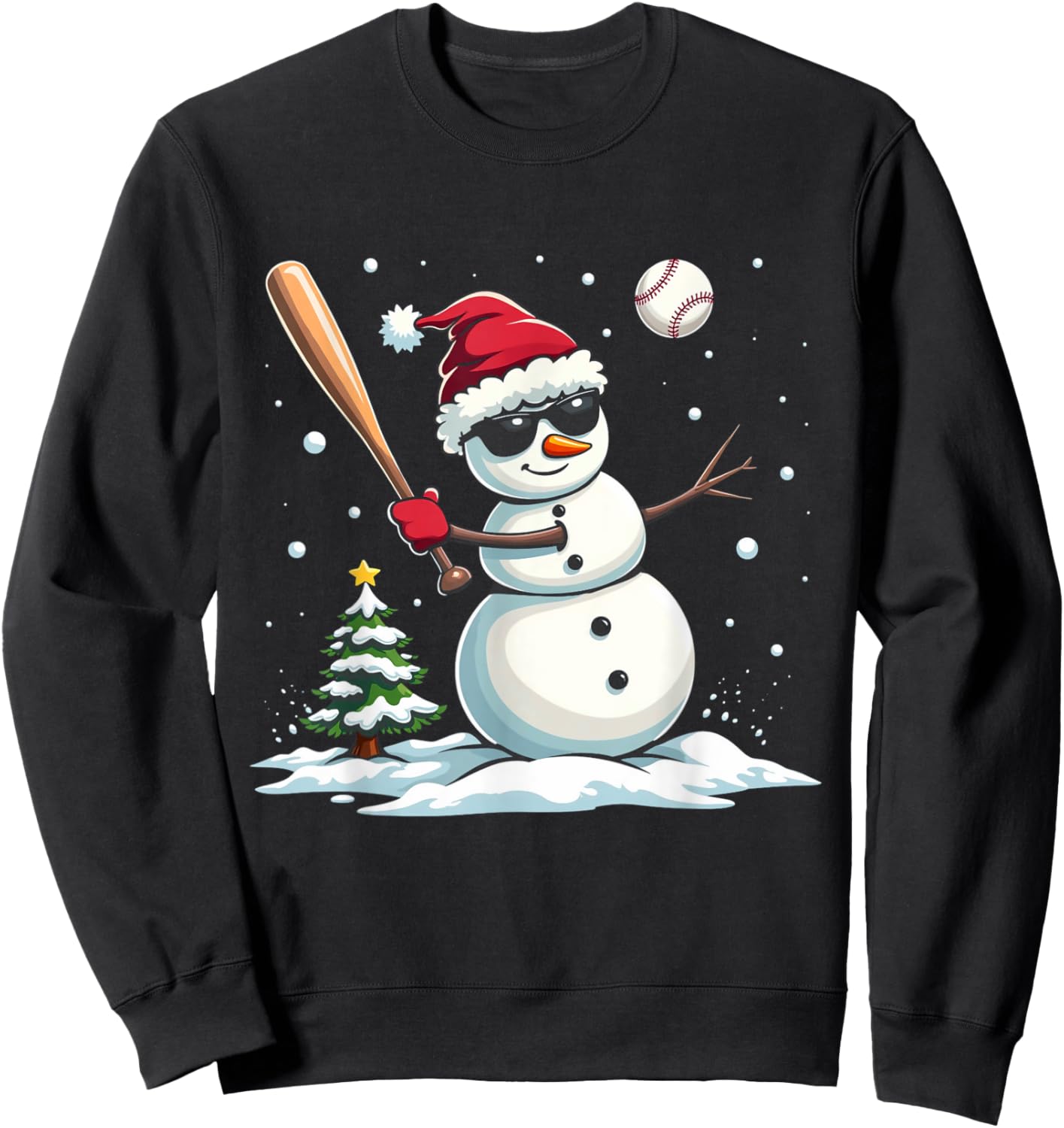 Baseball Christmas Funny Snowman Playing Baseball Xmas Sweatshirt - Sweatshirt | Black
