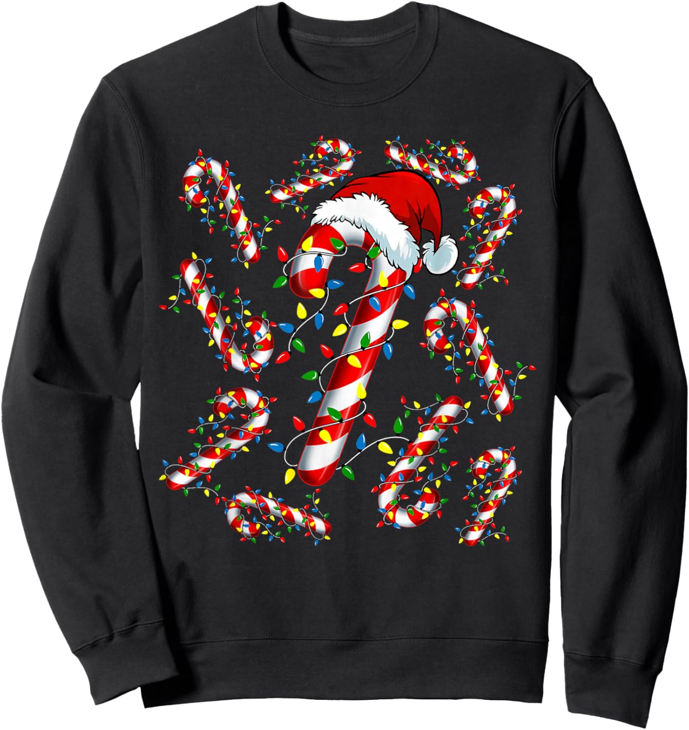 Red and White Candy Cane Santa Funny Christmas Xmas Lights Sweatshirt - Sweatshirt | Black