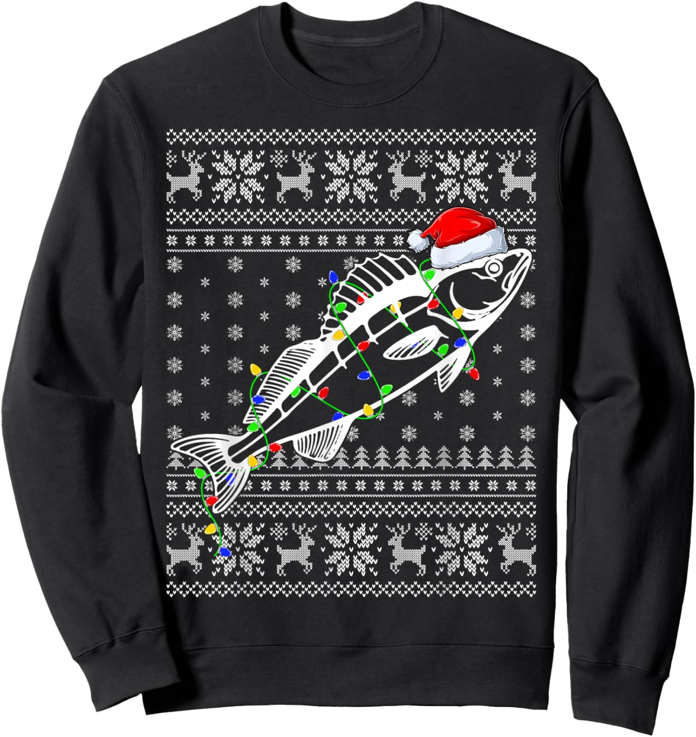 Ugly Sweater Xmas Lights Santa Hat Walleye Fish Christmas Sweatshirt - Sweatshirt | Black