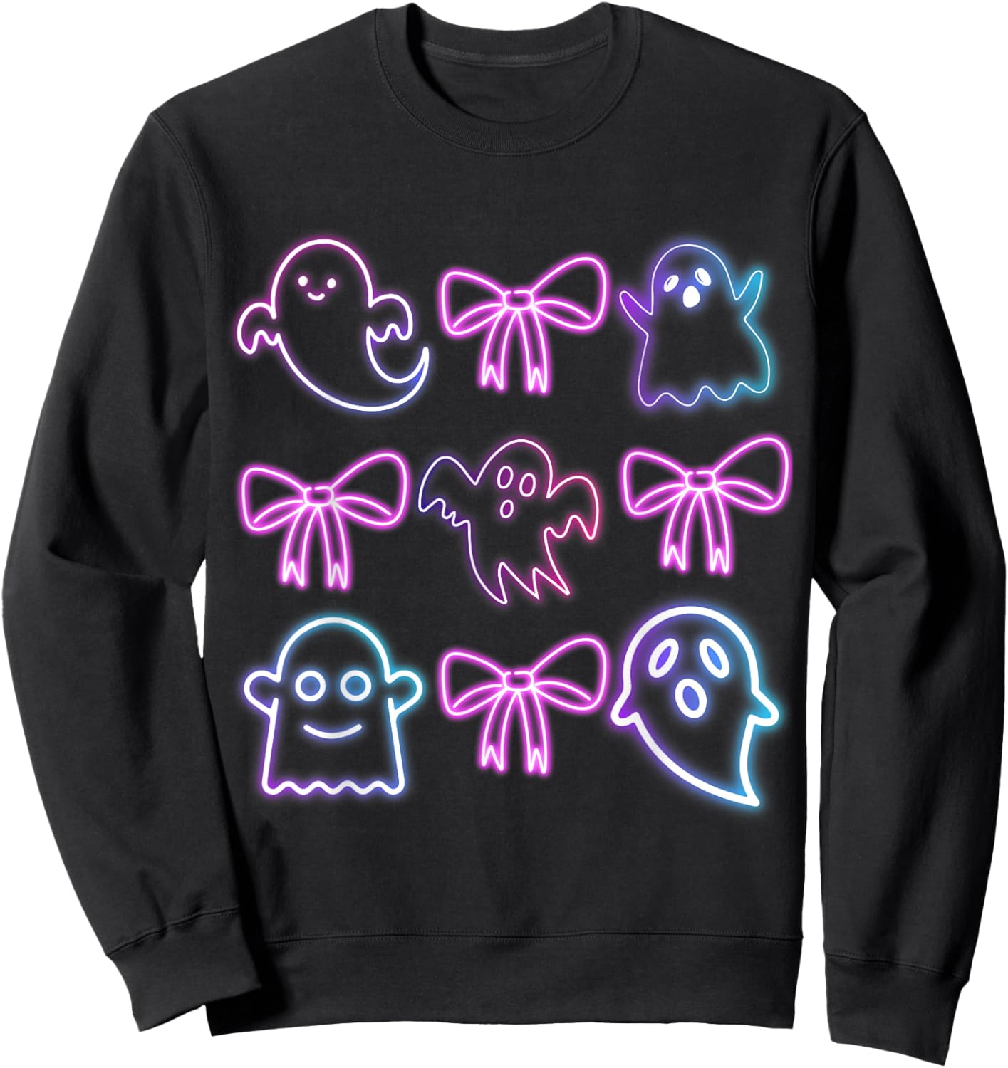 Cute Boo Ghost Spooky Season Glow In Halloween Night Bow Sweatshirt - Sweatshirt | Black