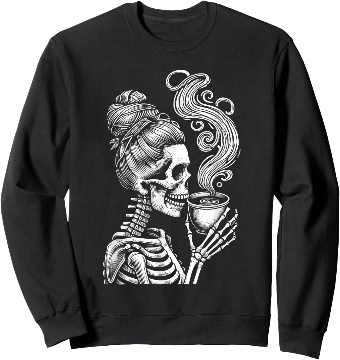 Messy Bun Skeleton Drinking Coffee Funny Halloween Costume Sweatshirt - Sweatshirt | Black