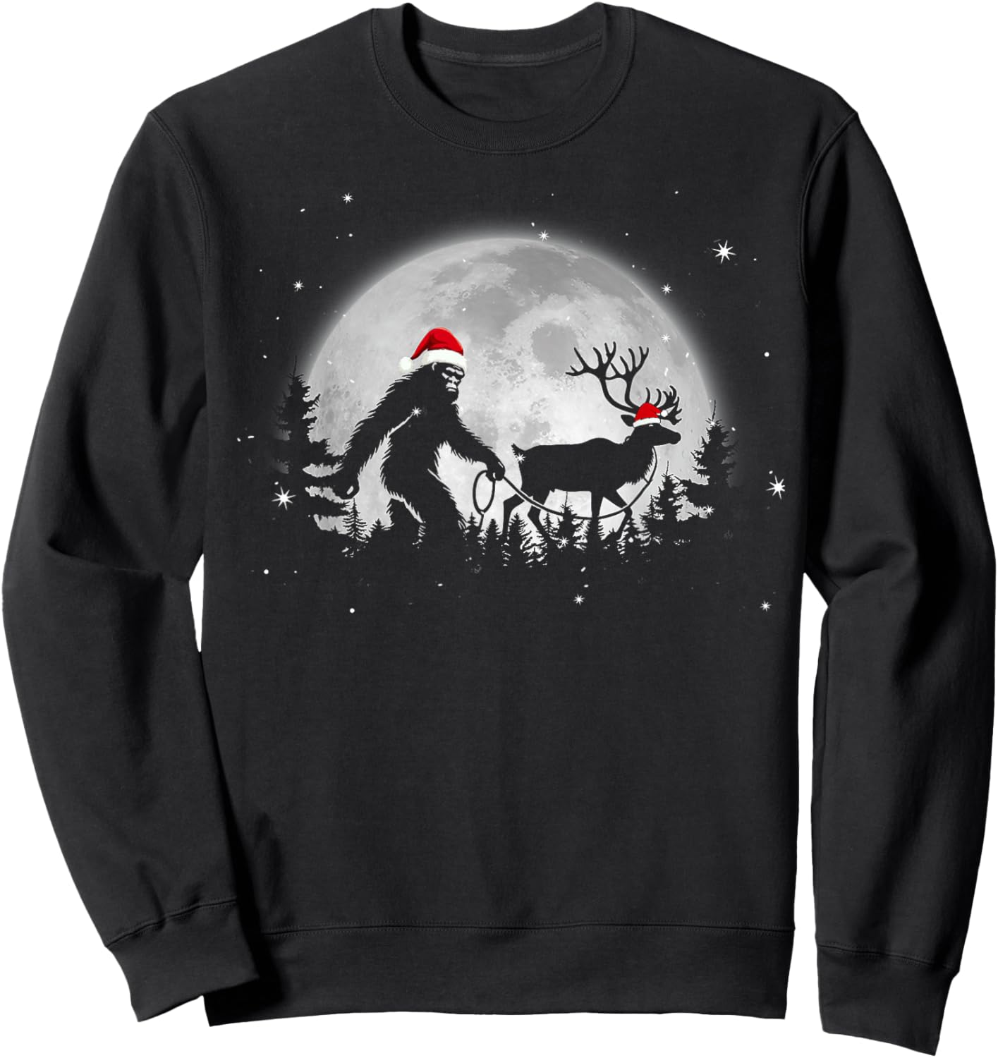 Funny Bigfoot Walking Reindeer Full Moon Christmas Sasquatch Sweatshirt - Sweatshirt | Black