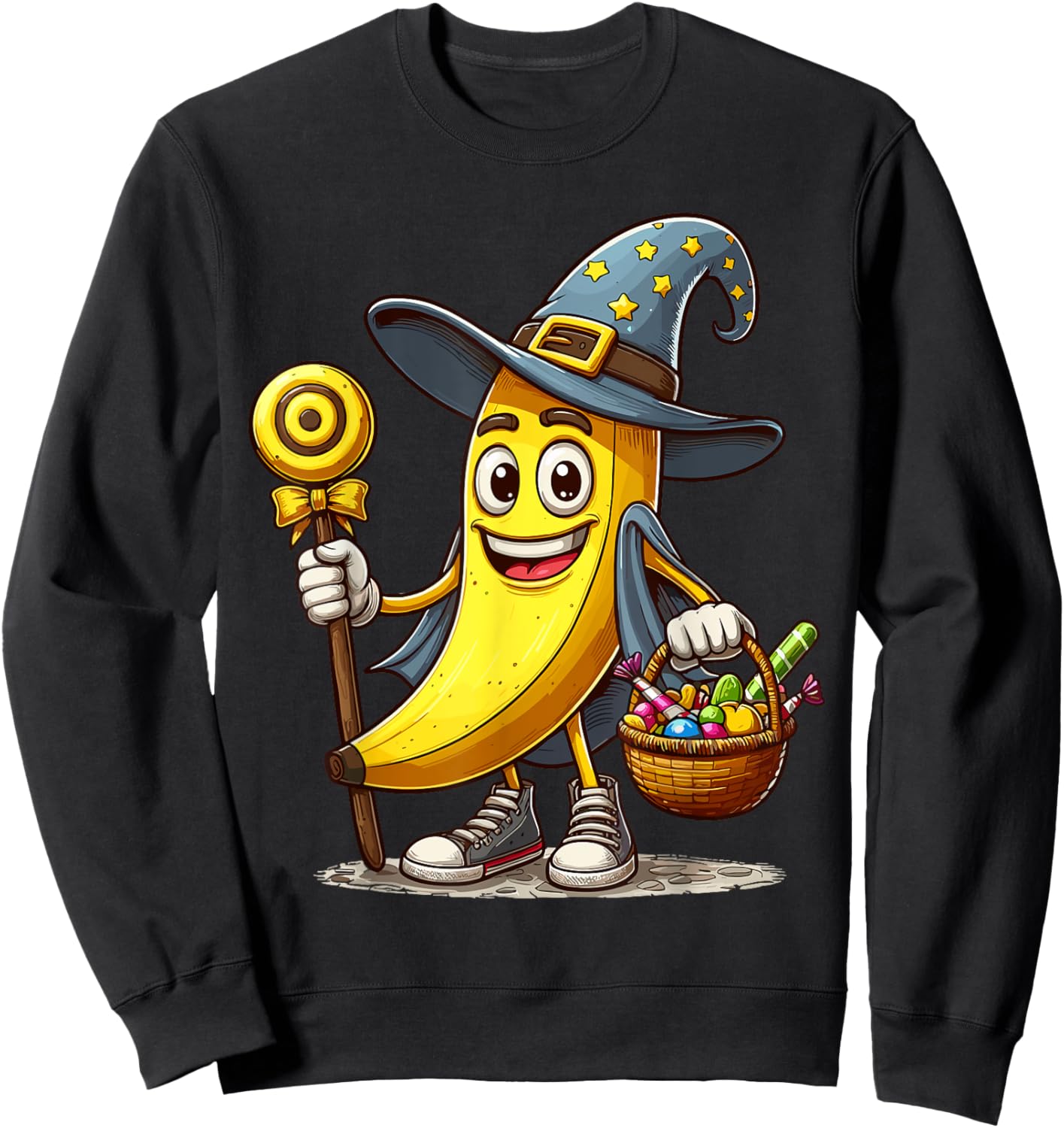 Funny Banana Witch Halloween Hat Holding Candy Halloween Sweatshirt - Sweatshirt | Black