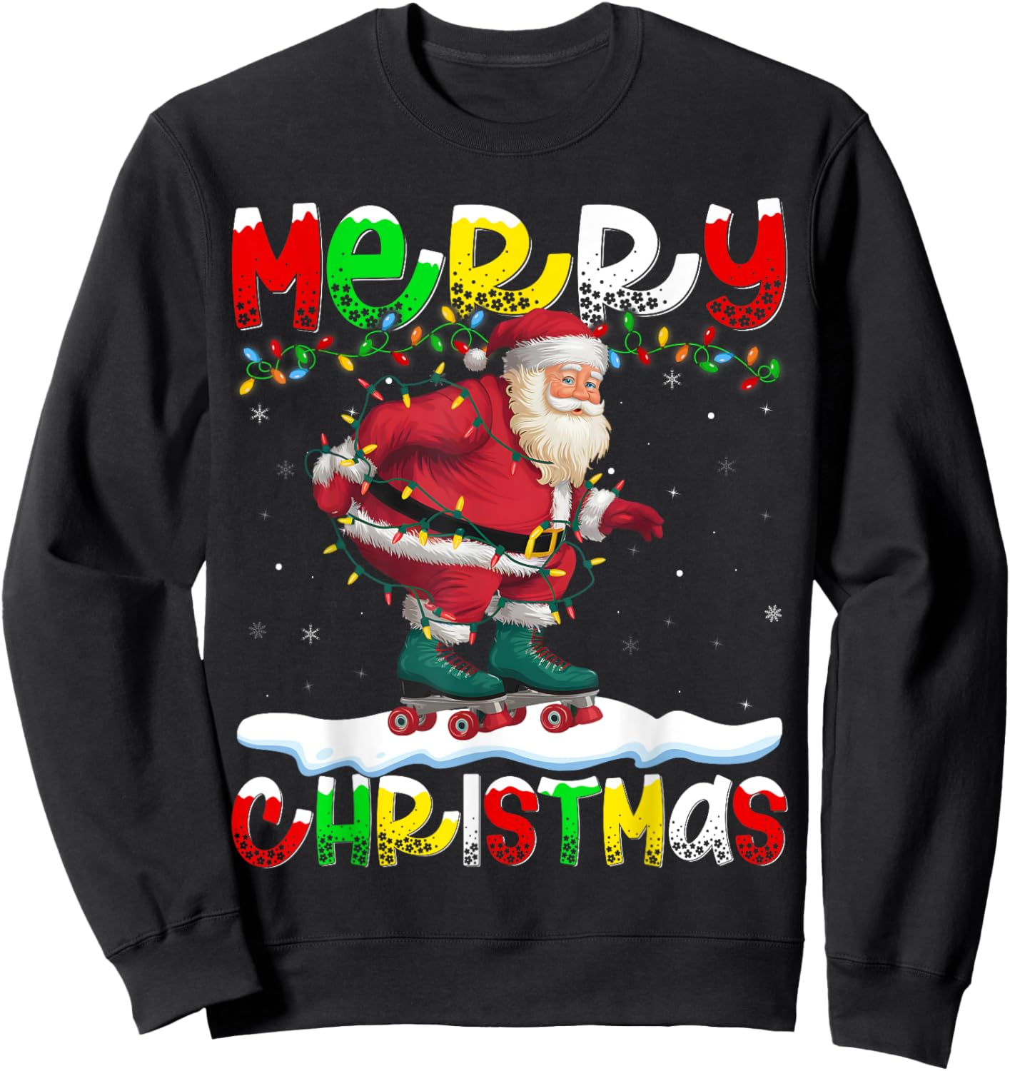Xmas Lighting Roller Skating Santa Merry Christmas Sweatshirt - Sweatshirt | Black