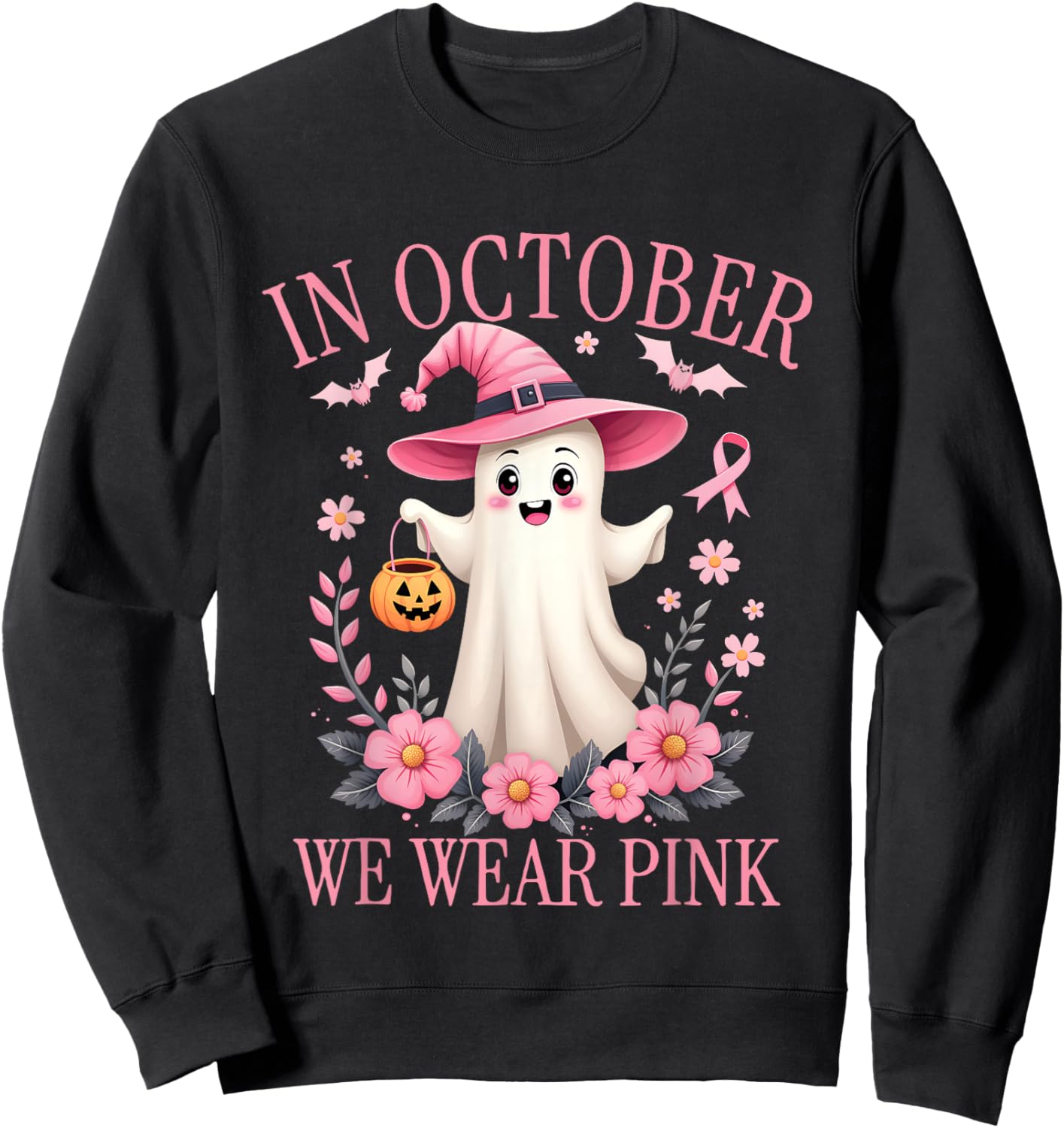 In October We Wear Pink Breast Cancer Awareness Halloween Sweatshirt - Sweatshirt | Black