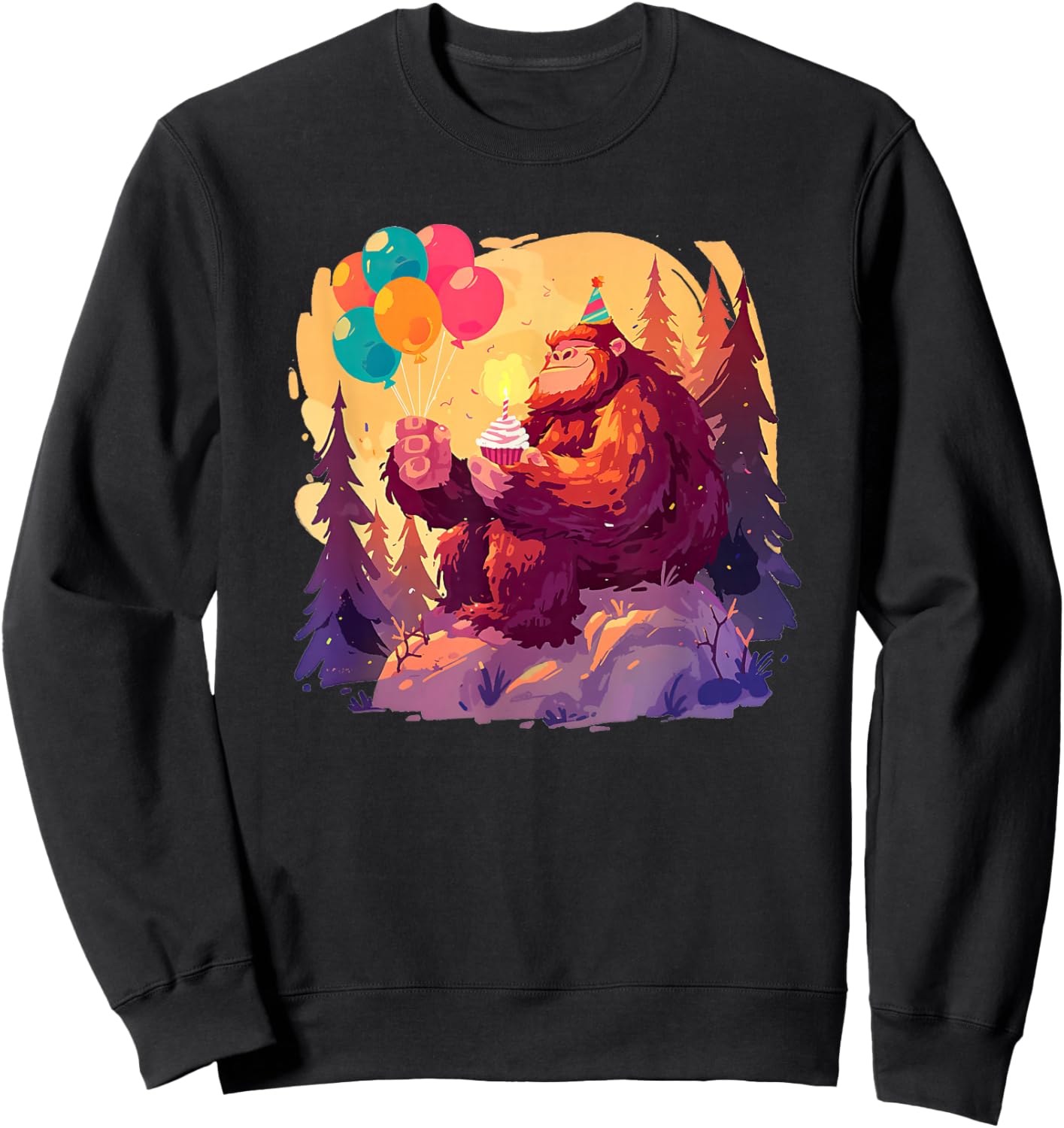 Sasquatch Birthday Party Balloon Cupcake BDay Bigfoot Theme Sweatshirt - Sweatshirt | Black