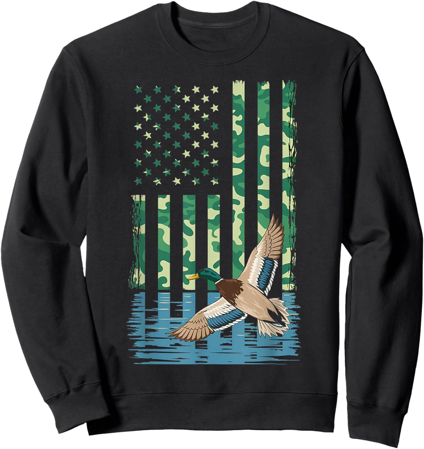 Duck Hunting Shirt Camo American Flag Hunting Gifts Men Boys Sweatshirt - Sweatshirt | Black
