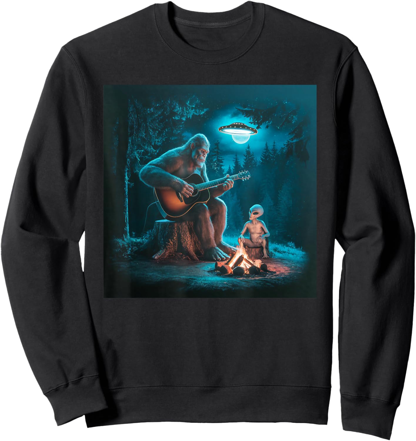 Bigfoot Alien Sasquatch Campfire UFO Music Night Scene Sweatshirt - Sweatshirt | Black