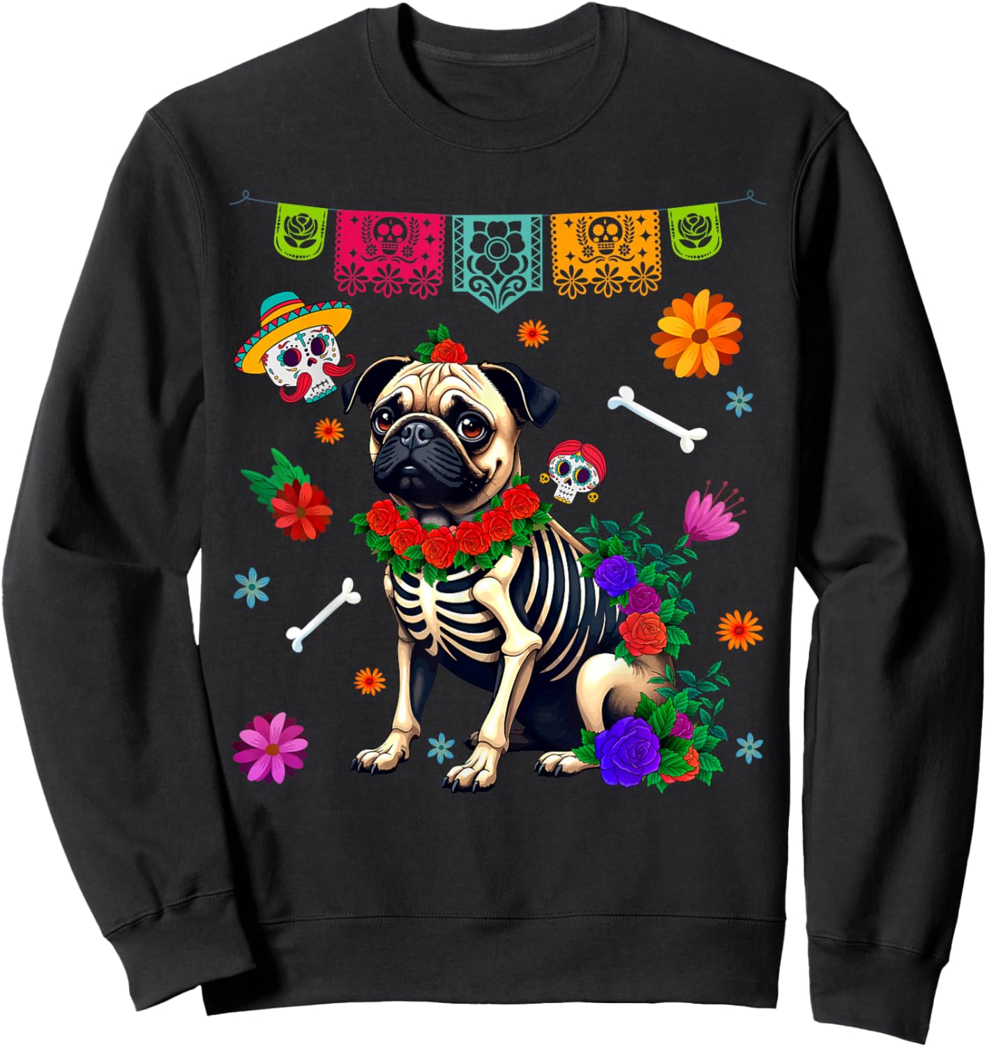 Funny Sugar Skull Pug Dog Flowers Dia de Muertos Halloween Women Sweatshirt - Sweatshirt | Black