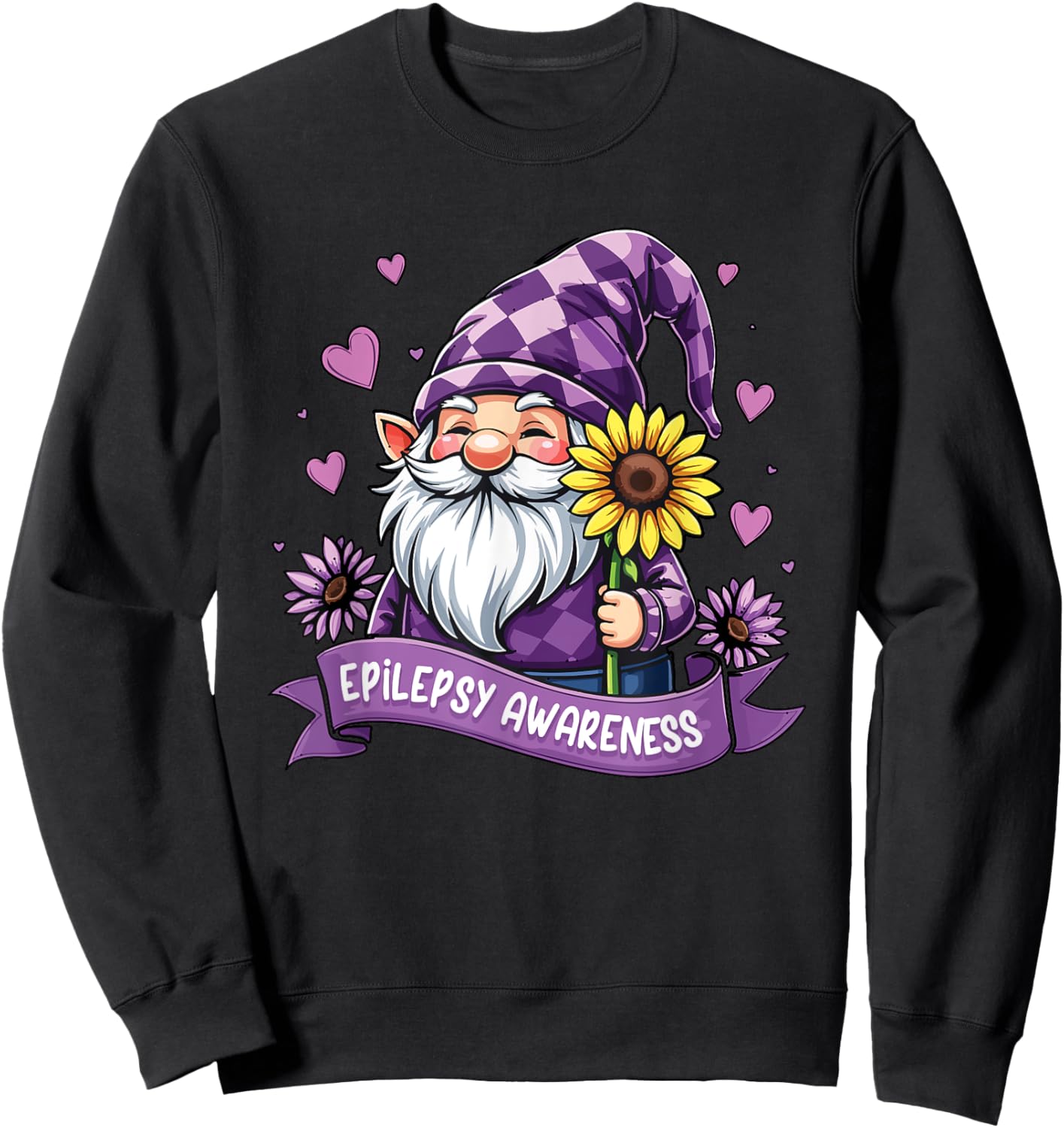 Gnome One Fights Alone Epilepsy Awareness Purple Ribbon Sweatshirt - Sweatshirt | Black