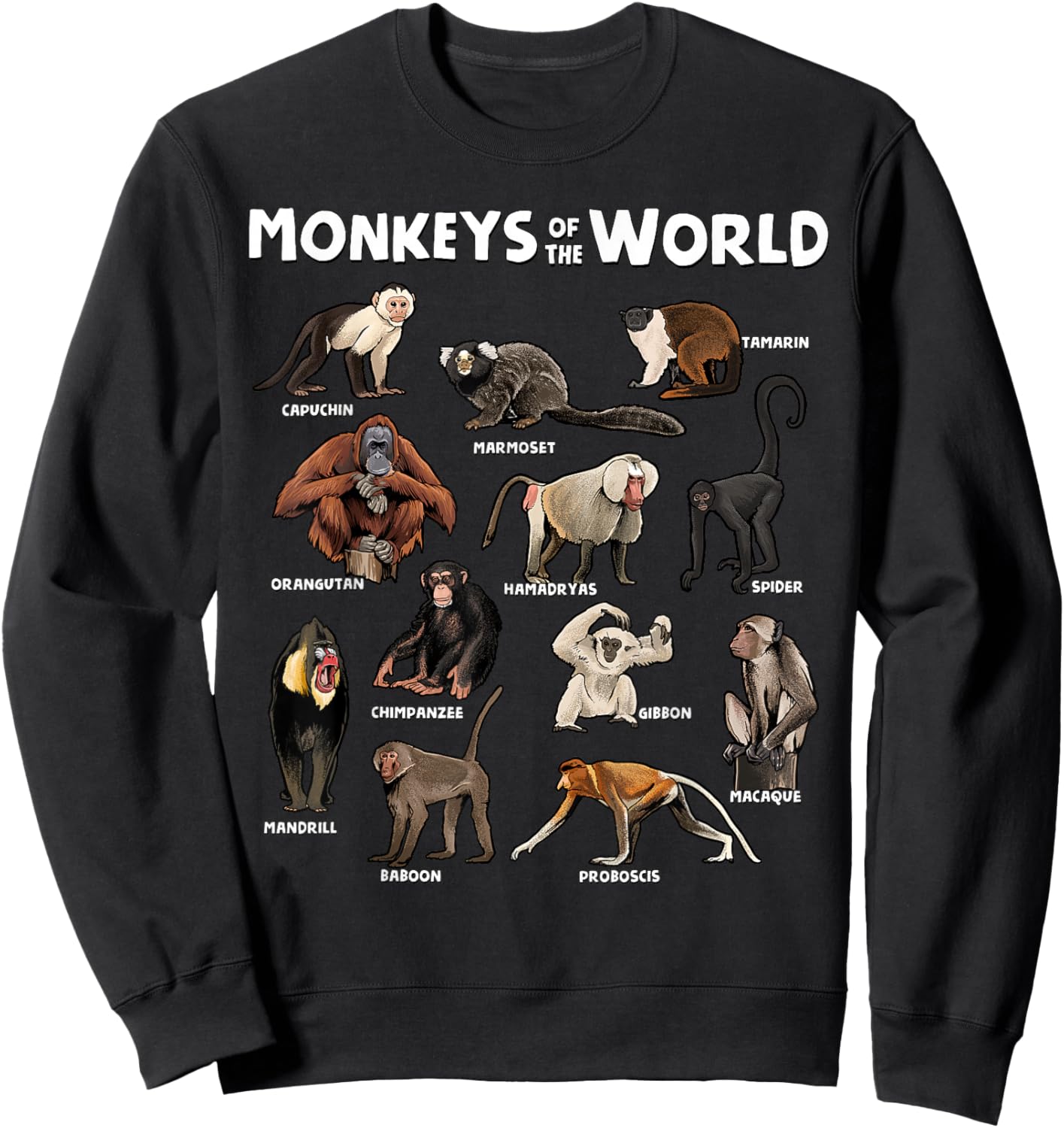Monkeys of the World Realistic Animal Species Design Sweatshirt - Sweatshirt | Black
