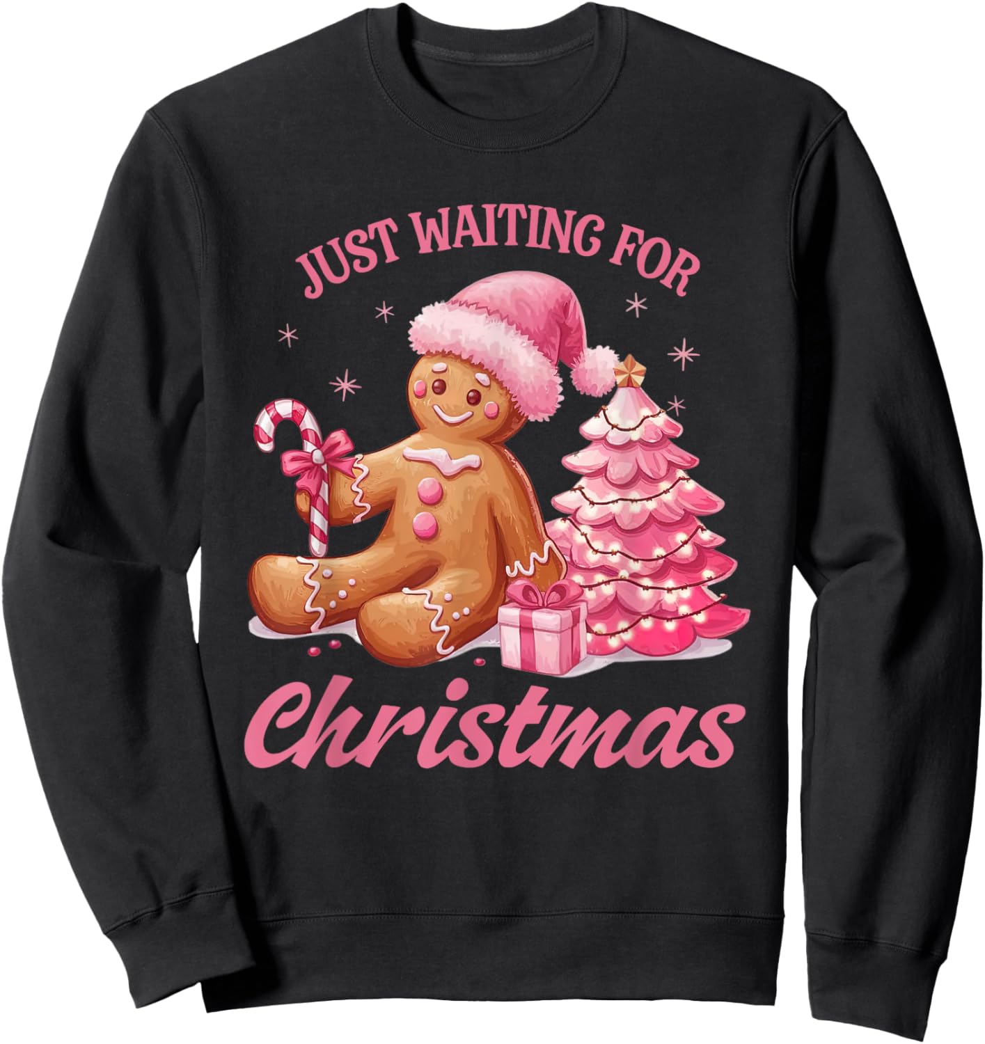 Cute Preppy Pink Gingerbread Man Candy Canes Christmas Tree Sweatshirt - Sweatshirt | Black