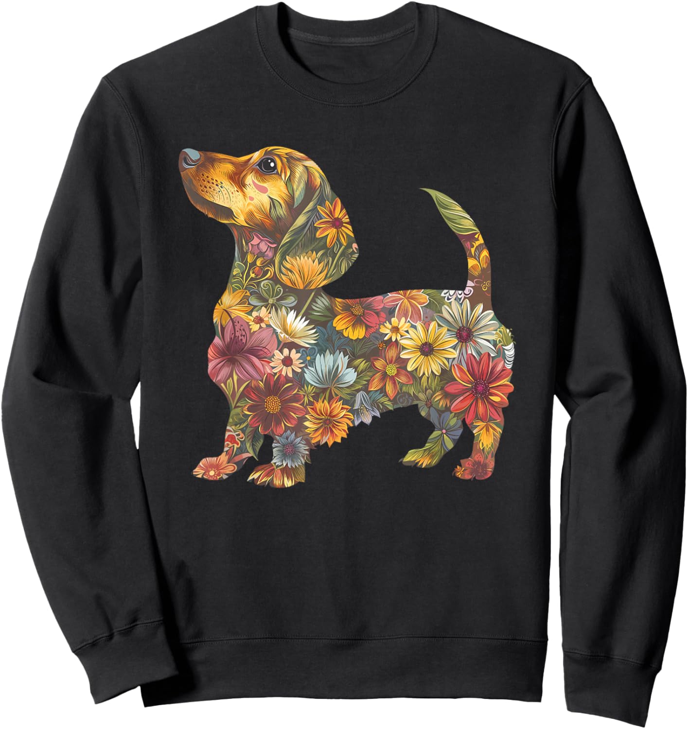 Dachshund Flower Funny Dog Silhouette Floral Gifts Women Men Sweatshirt - Sweatshirt | Black
