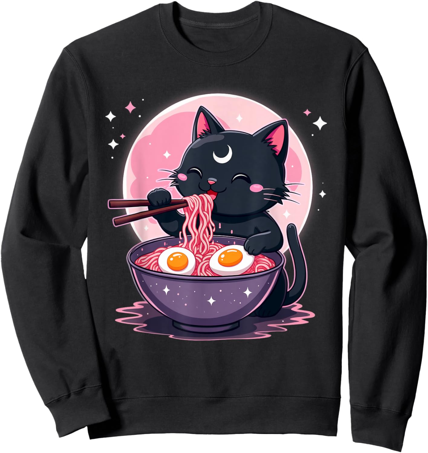 Pastel Goth Aesthetic Kawaii Creepy Cat Eating Ramen Noodles Sweatshirt - Sweatshirt | Black