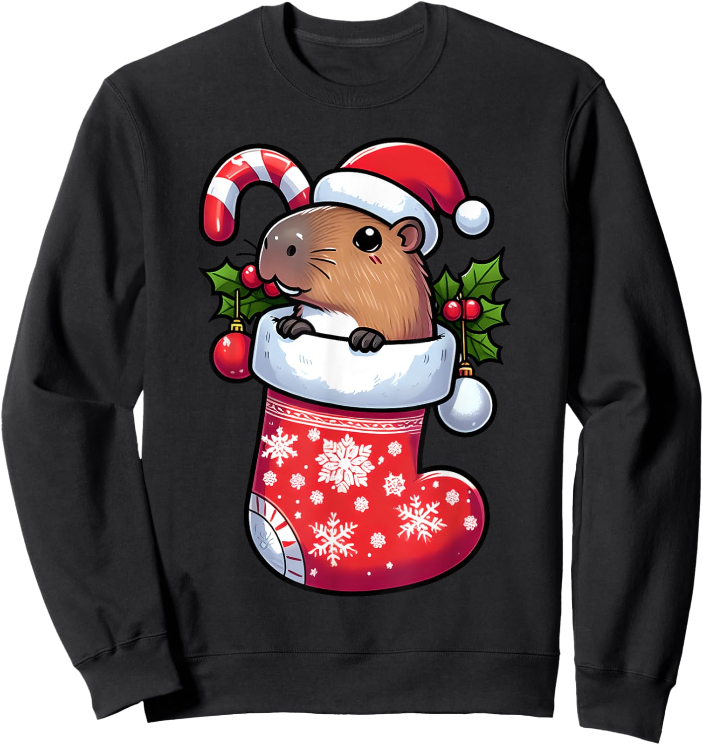 Capybara in Christmas Stocking Candy Cane Santa Hat Pajama Sweatshirt - Sweatshirt | Black