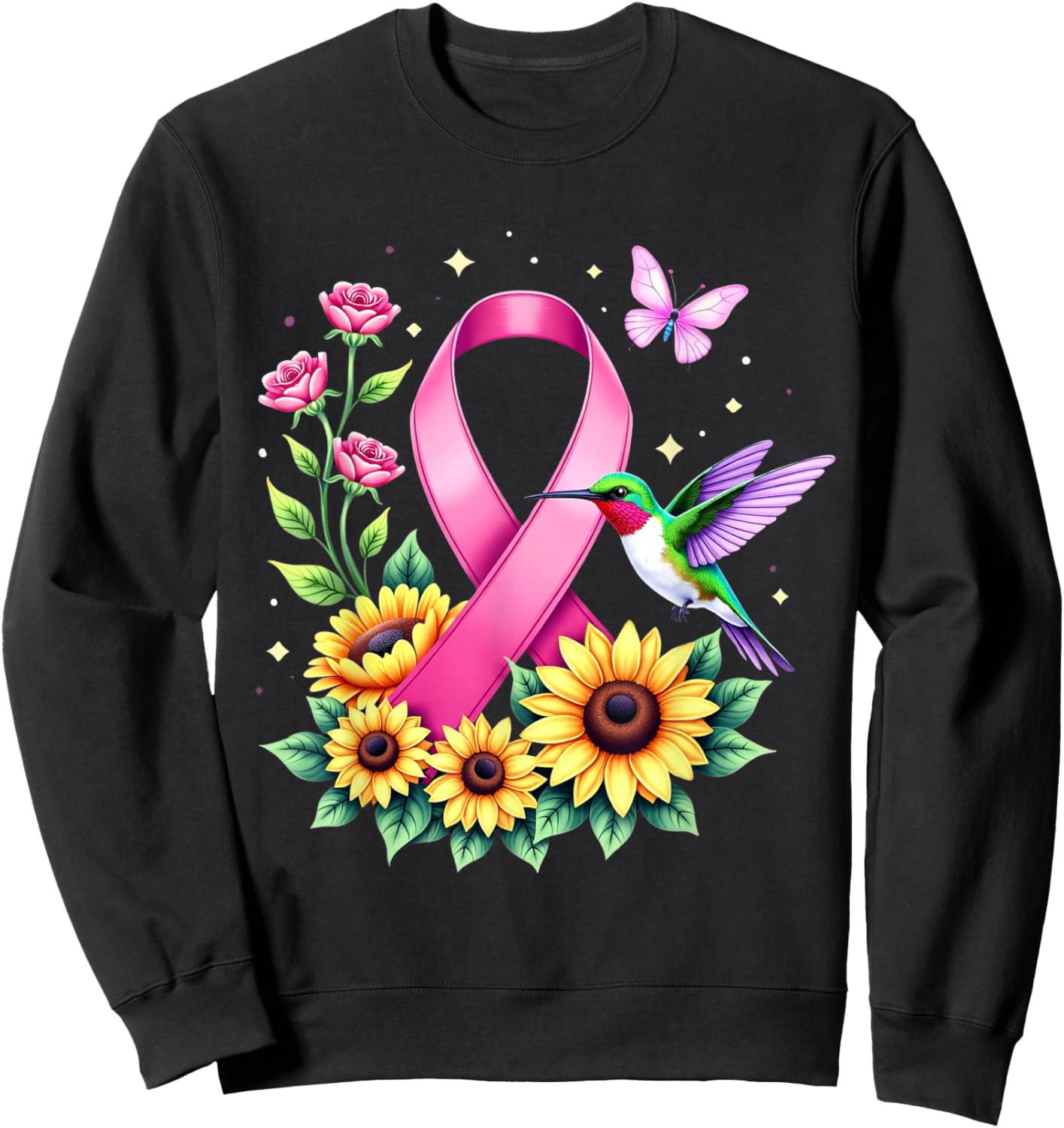 Hummingbird Sunflower Pink Ribbon Breast Cancer Awareness Sweatshirt - Sweatshirt | Black
