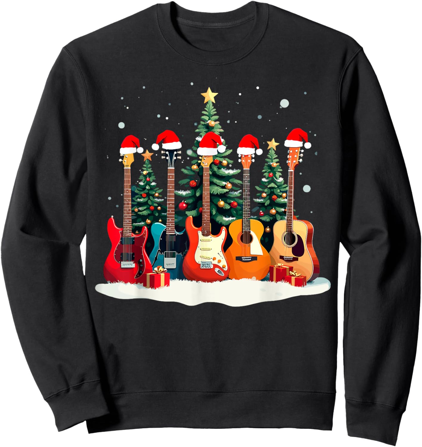 Santa Guitars Acoustic Bass Music Guitar Player Christmas Sweatshirt - Sweatshirt | Black