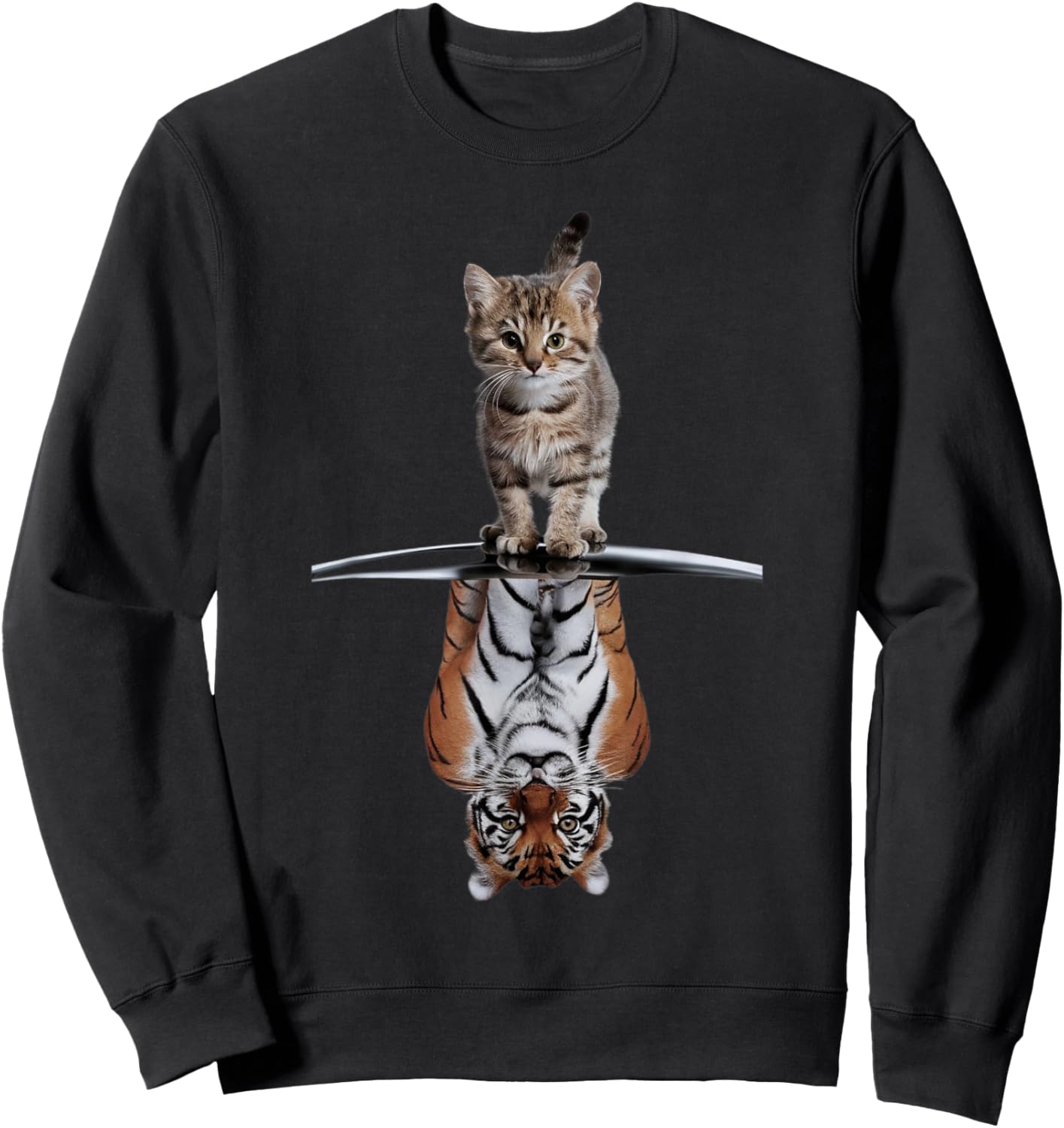 Inspiring Kitten and Tiger Reflection Motif for Cat Lovers Women Kids Sweatshirt - Sweatshirt | Black