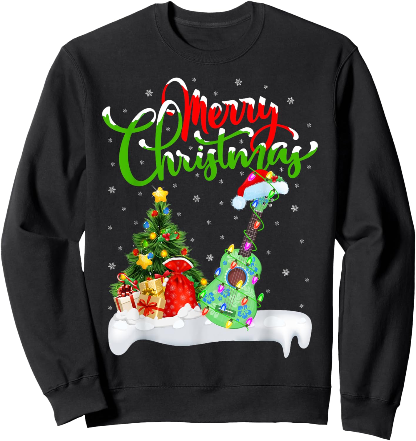 Xmas Tree Lights Santa Hat Musical Ukulele Guitar Christmas Sweatshirt - Sweatshirt | Black