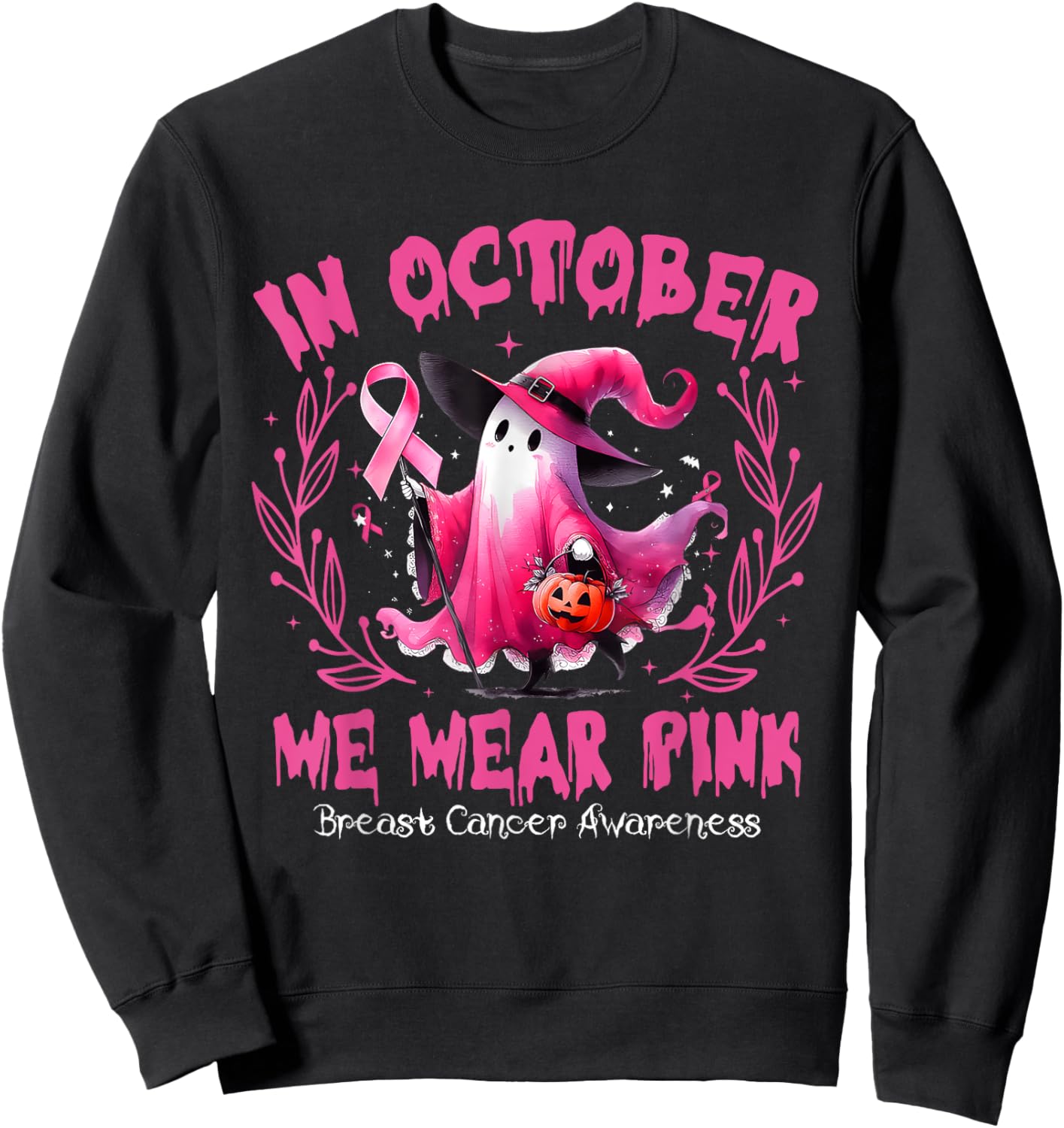 In October We Wear Pink Ghost Witch Breast Cancer Awareness Sweatshirt - Sweatshirt | Black