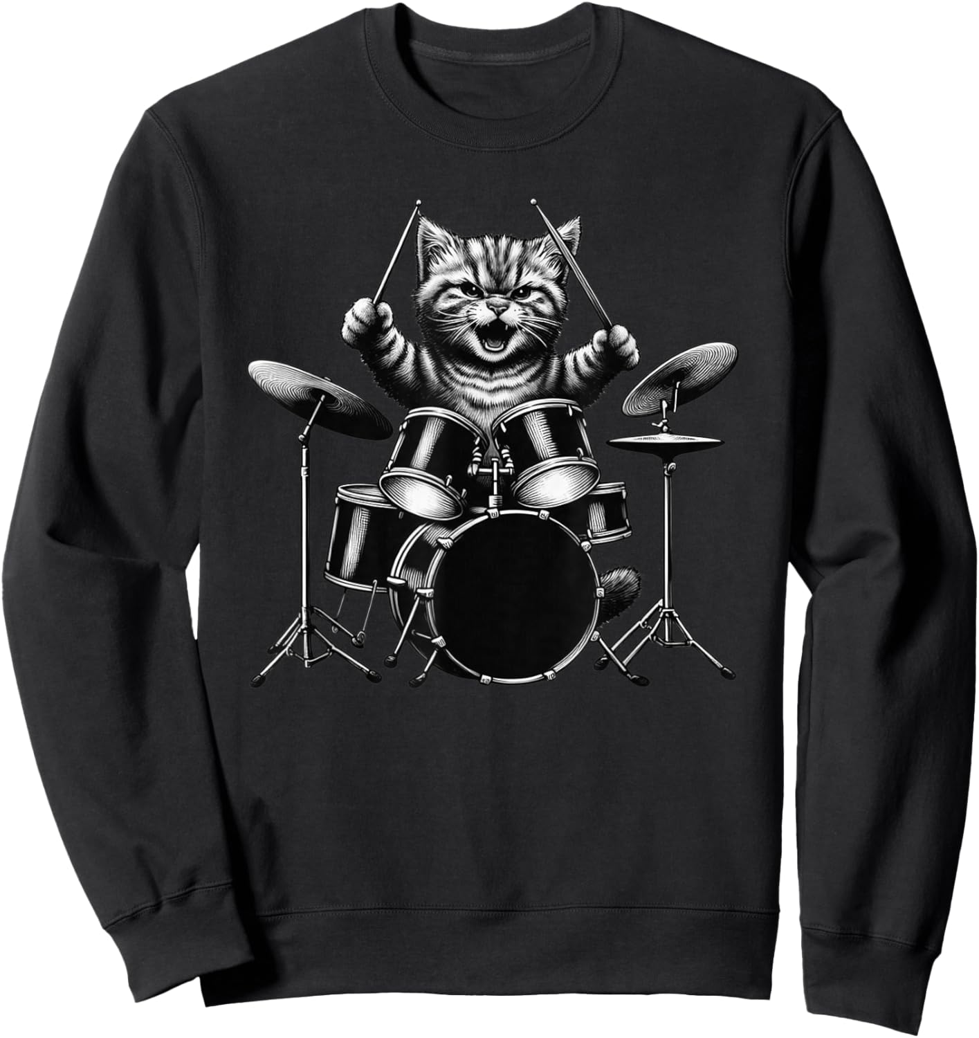 Kitten Rock Band Drummer Cat Playing Drums Drumsticks Sweatshirt - Sweatshirt | Black