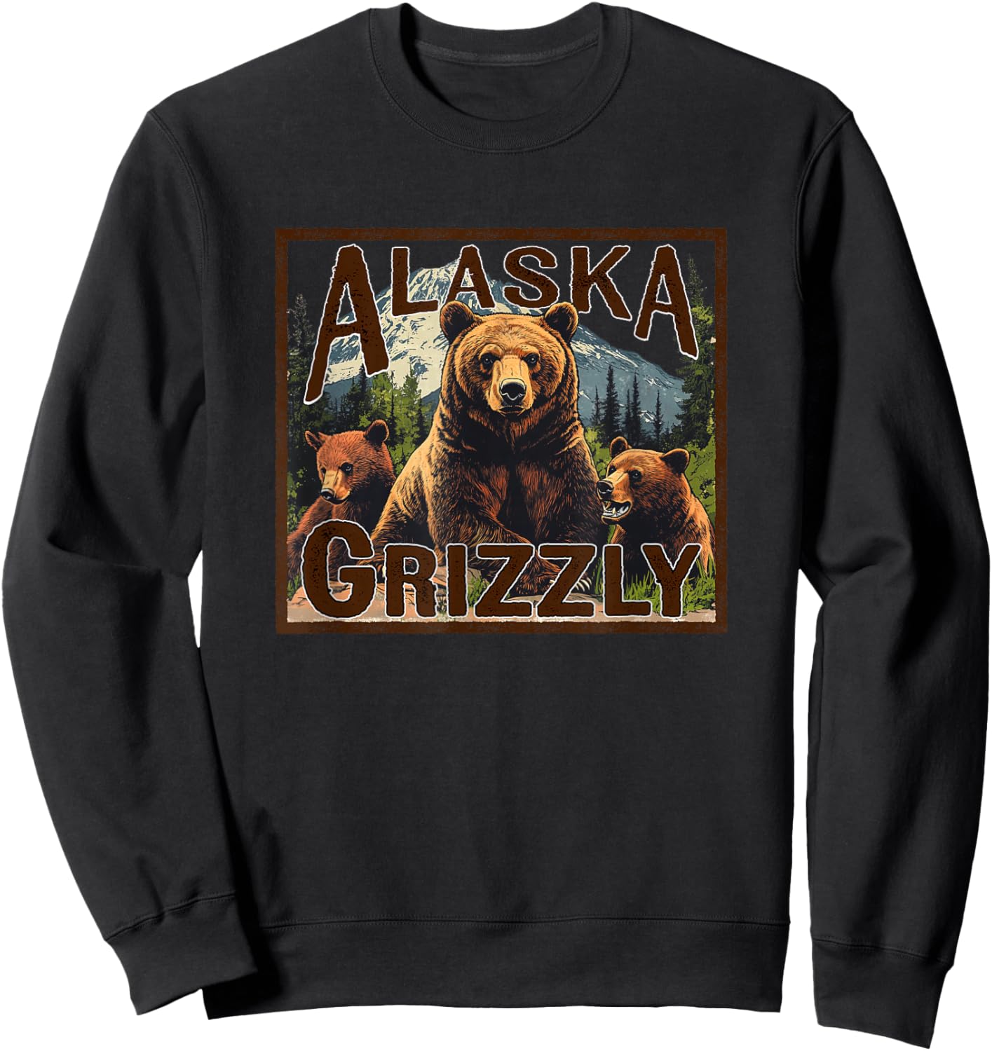 Alaska Grizzly Bear Vintage Mountain Trees Retro Souvenir Sweatshirt - Sweatshirt | Black