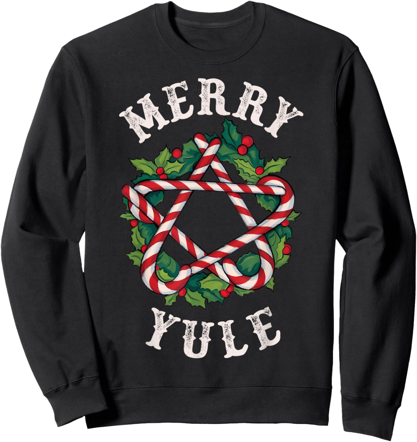 Merry Yule Winter Solstice Holly Christmas Pagan Pentagram Sweatshirt - Sweatshirt | Black