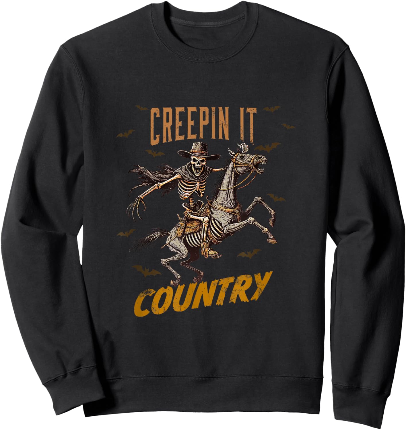 Vintage Western Funny Skeleton Halloween Creepin It Country Sweatshirt - Sweatshirt | Black