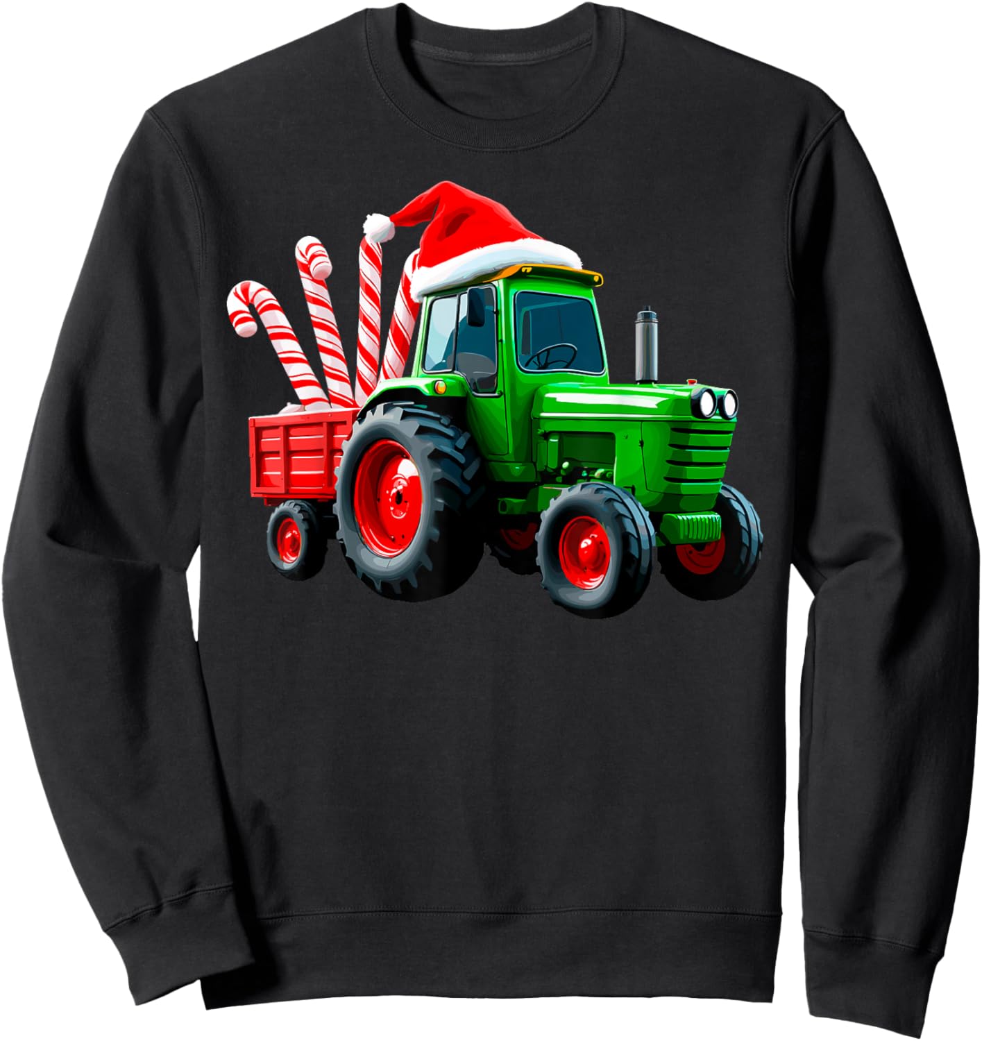 Tractor with Trailer Candy Cane Santa Farm Farmer Christmas Sweatshirt - Sweatshirt | Black