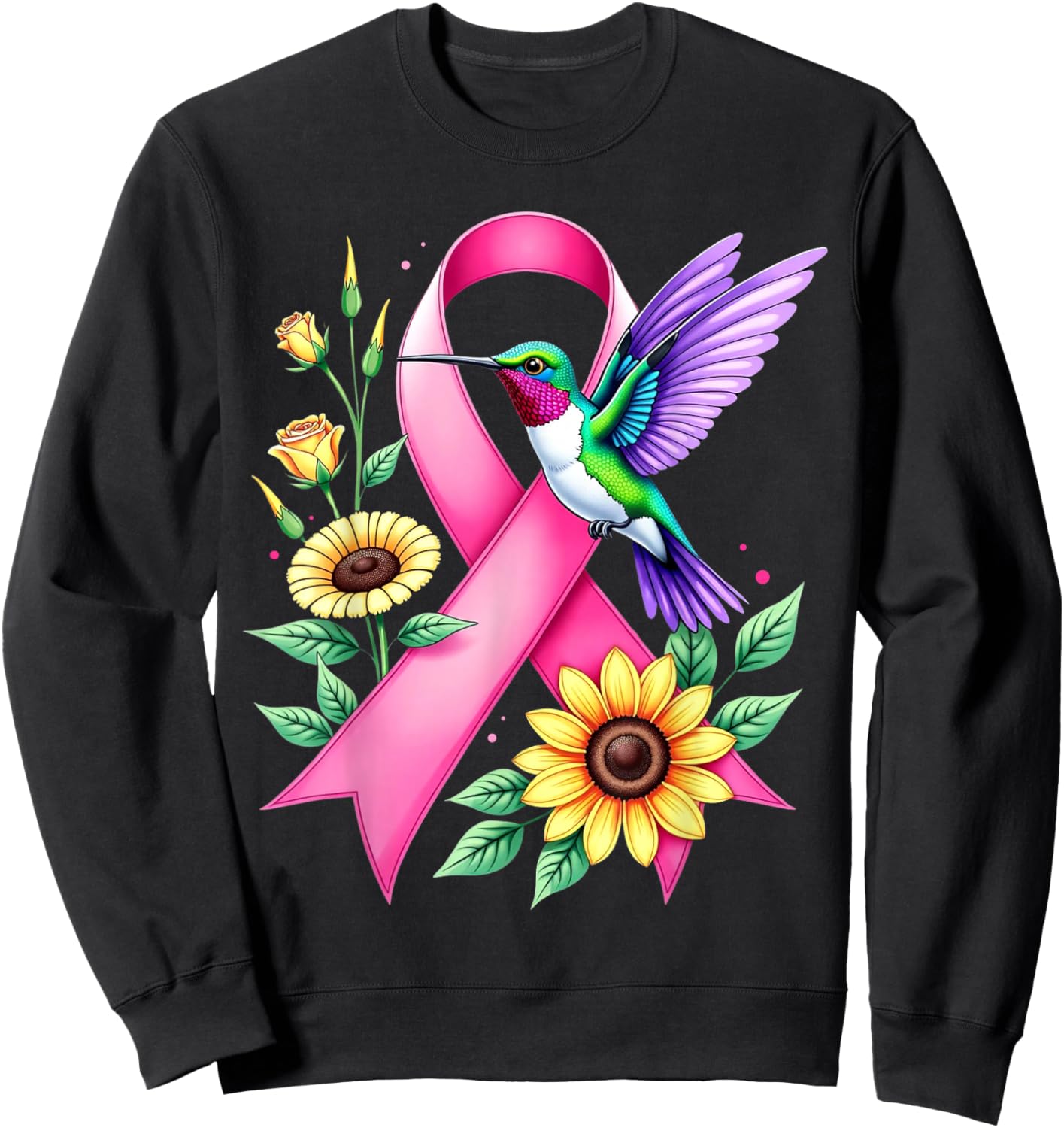 Hummingbird Sunflower Pink Ribbon Breast Cancer Awareness Sweatshirt - Sweatshirt | Black