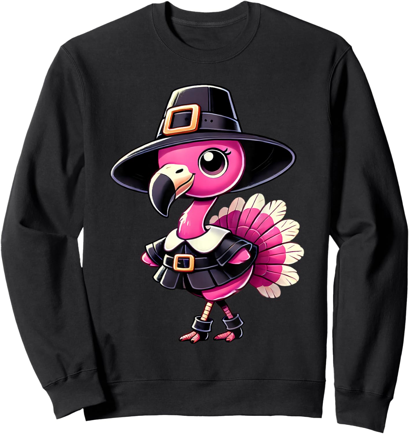 Cute Flamingo Pilgrim Hat Thanksgiving Fall Men Women Kids Sweatshirt - Sweatshirt | Black