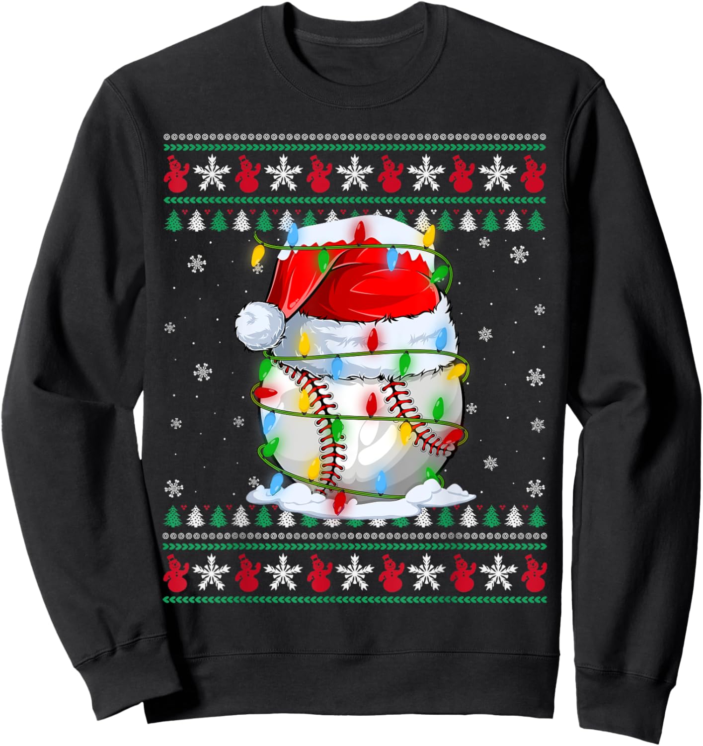 Baseball Ugly Sweater Style Xmas Lighting Baseball Christmas Sweatshirt - Sweatshirt | Black