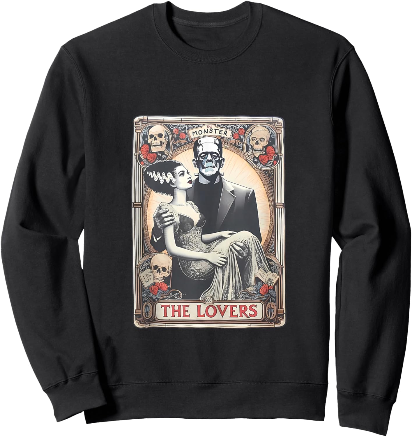Retro Halloween Frankenstein Lovers Tarot Card Halloween Sweatshirt - Sweatshirt | Black