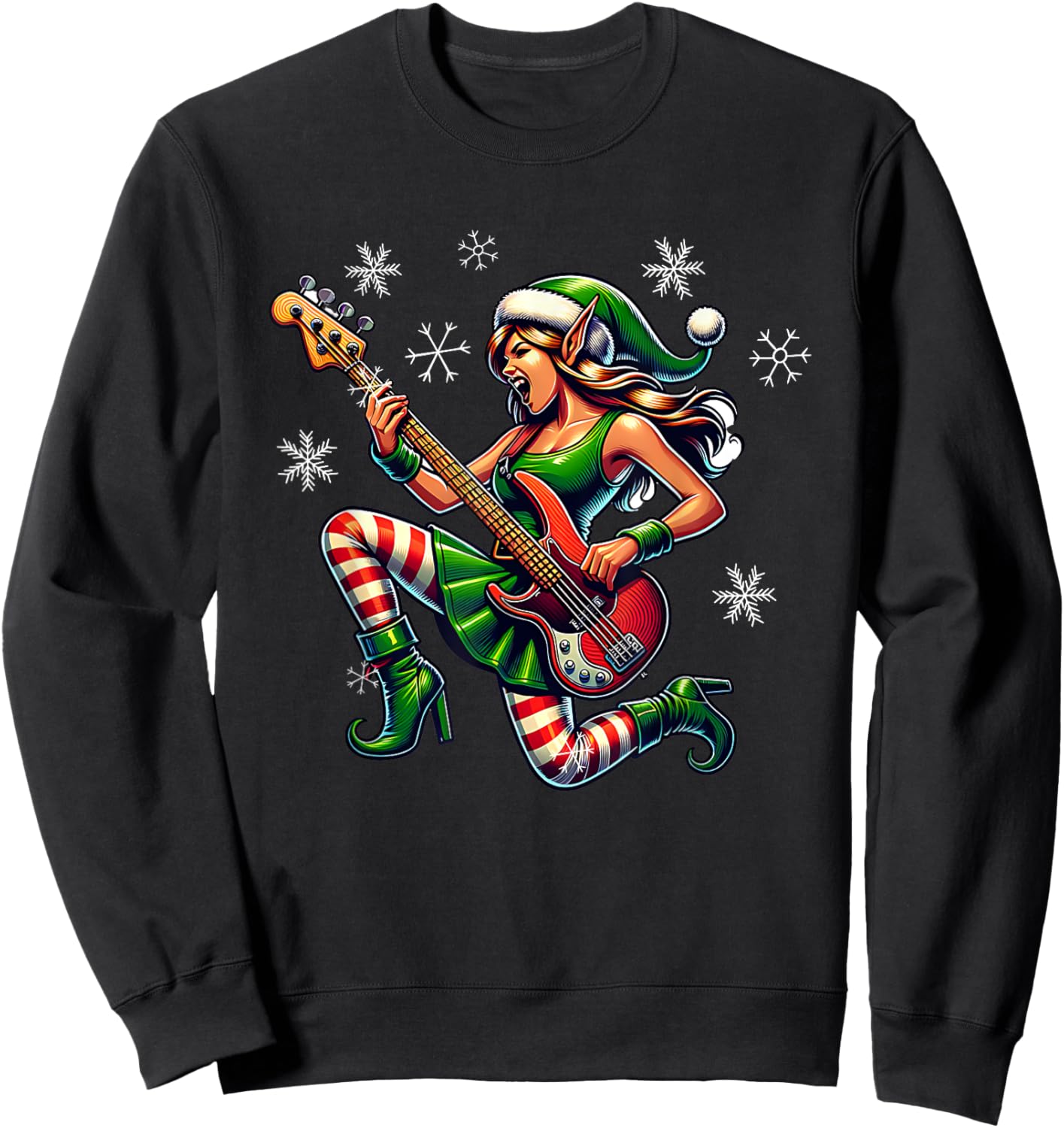 Rock & Roll Christmas Elf Bass-Guitar Bassist Christmas Sweatshirt - Sweatshirt | Black