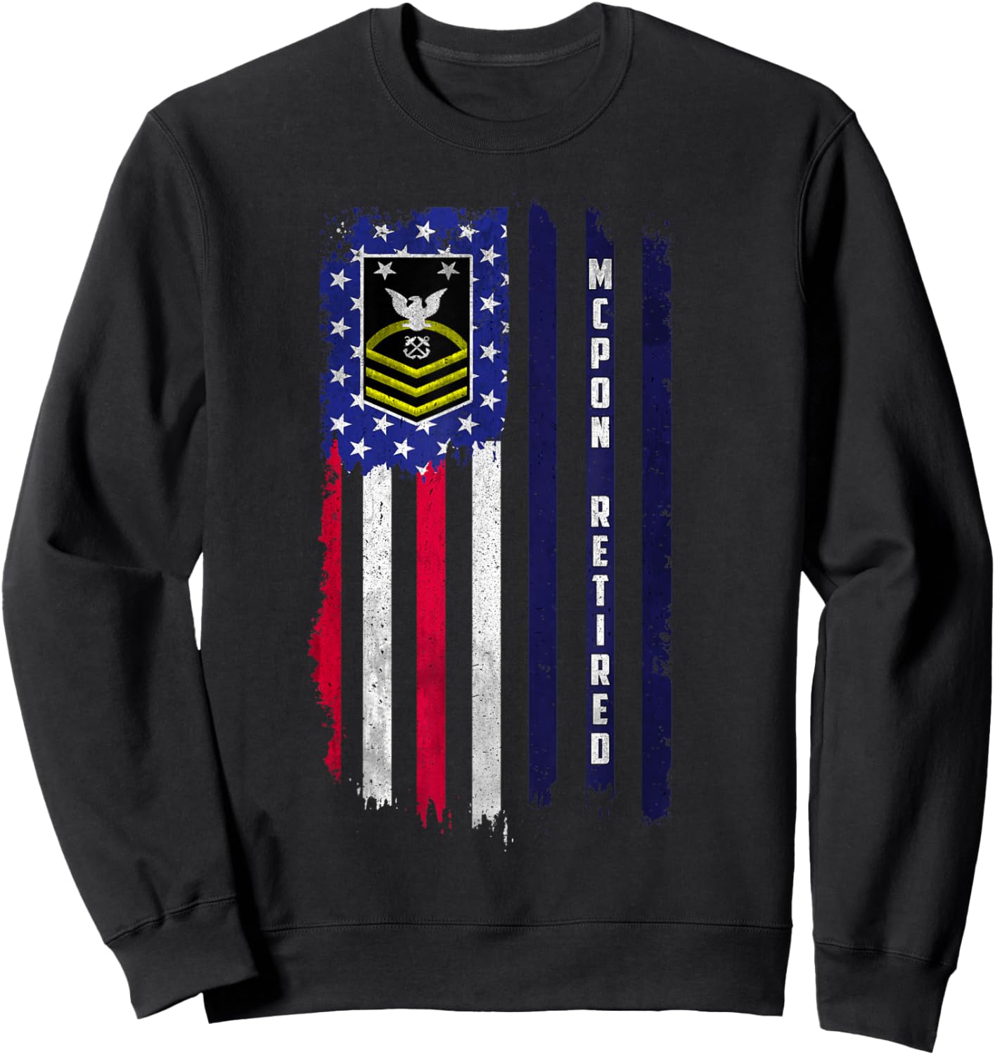Retired E-9 Master Chief Petty Officer Rank American Flag Sweatshirt - Sweatshirt | Black