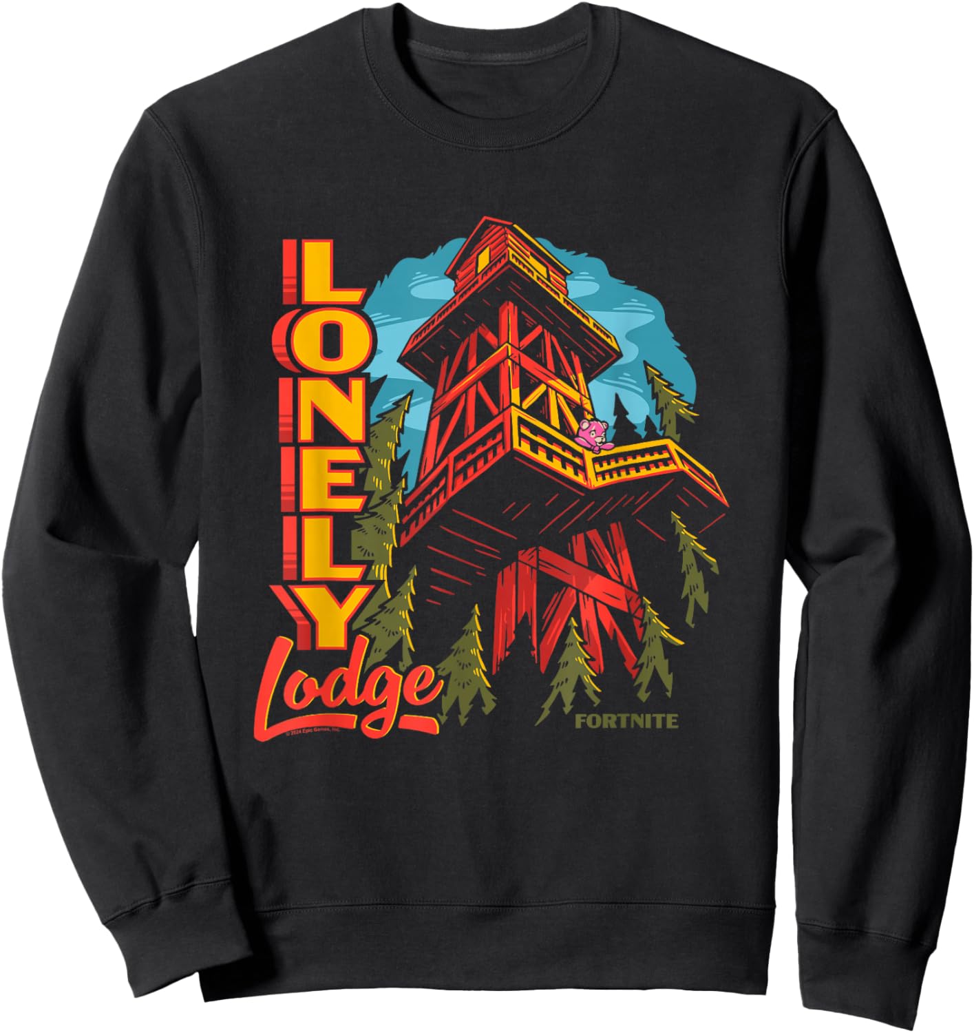 Fortnite Lonely Lodge Forest Vintage Big Chest Poster Sweatshirt - Sweatshirt | Black