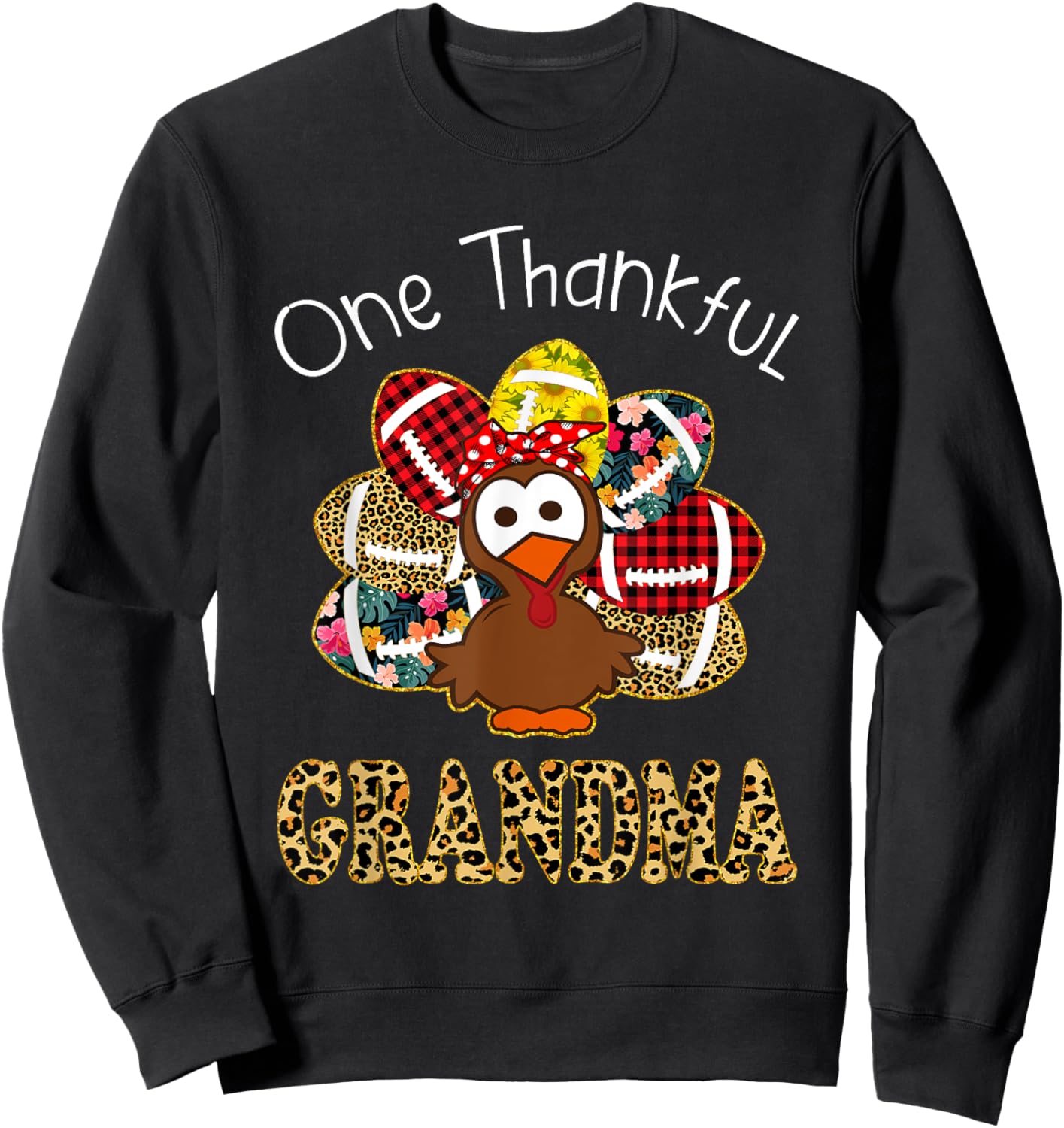 One Thankful Grandma Turkey Leopard Fall Thanksgiving Gift Sweatshirt - Sweatshirt | Black