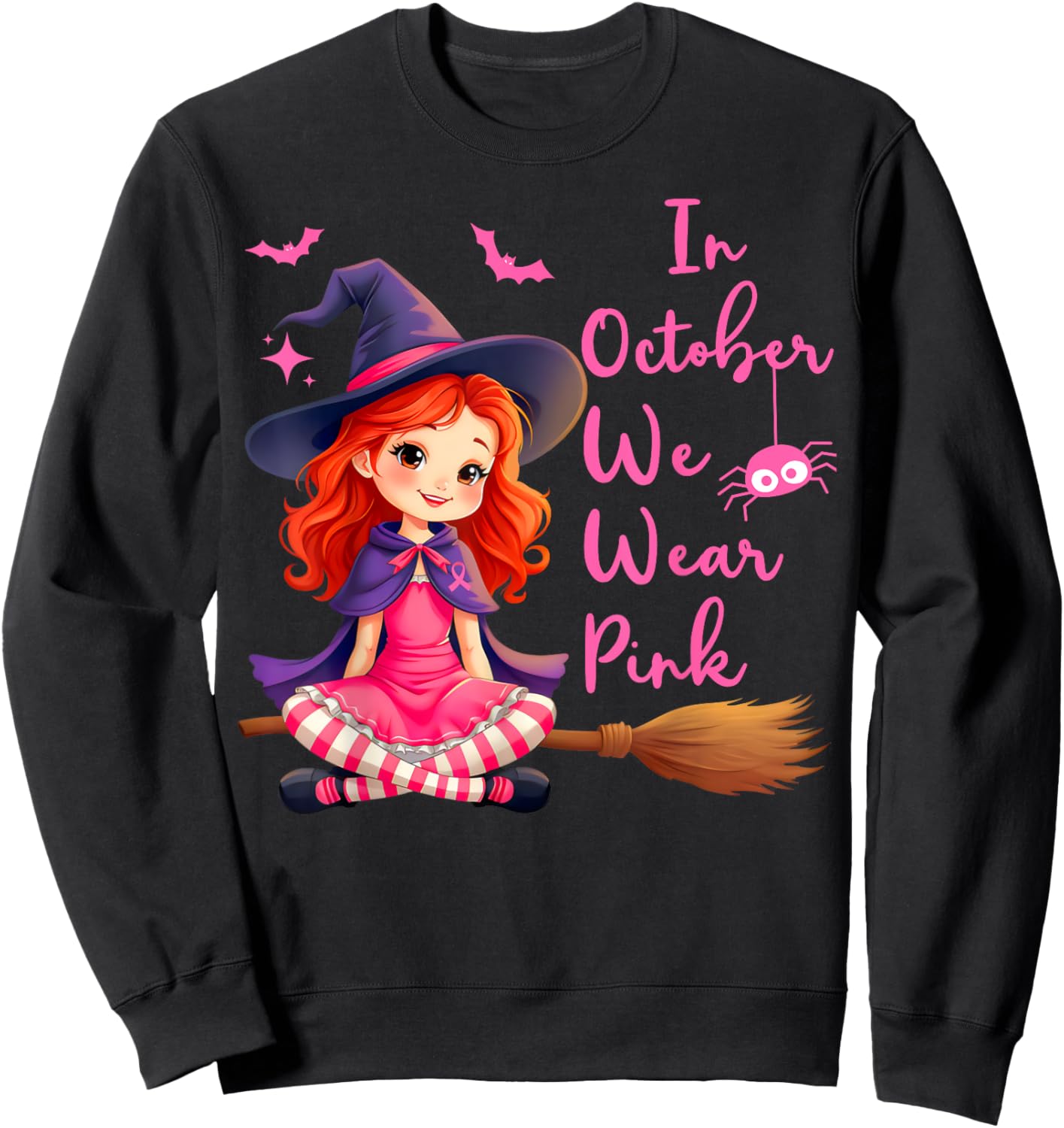 In October We Wear Pink Witch broom Breast Cancer Halloween Sweatshirt - Sweatshirt | Black