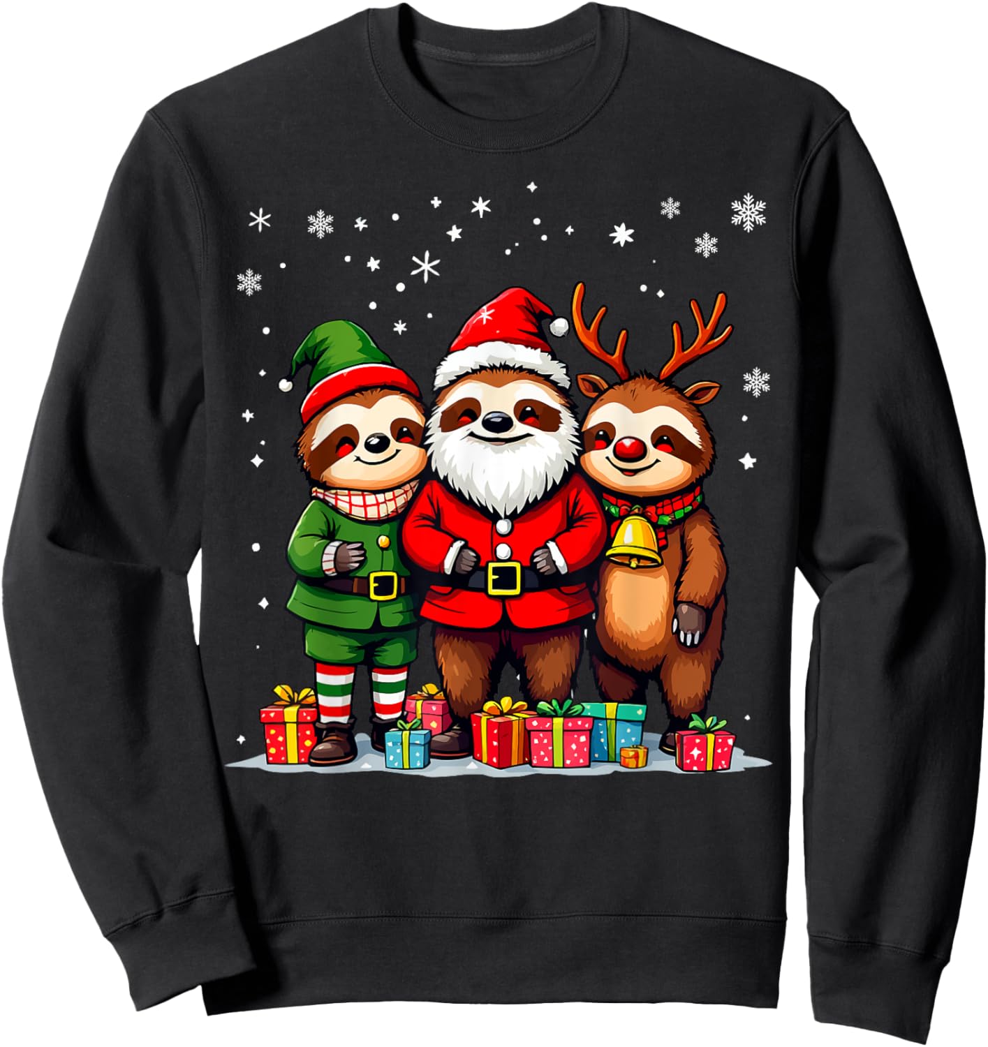 Cute Christmas Sloths in Santa Elf and Reindeer Costumes Sweatshirt - Sweatshirt | Black