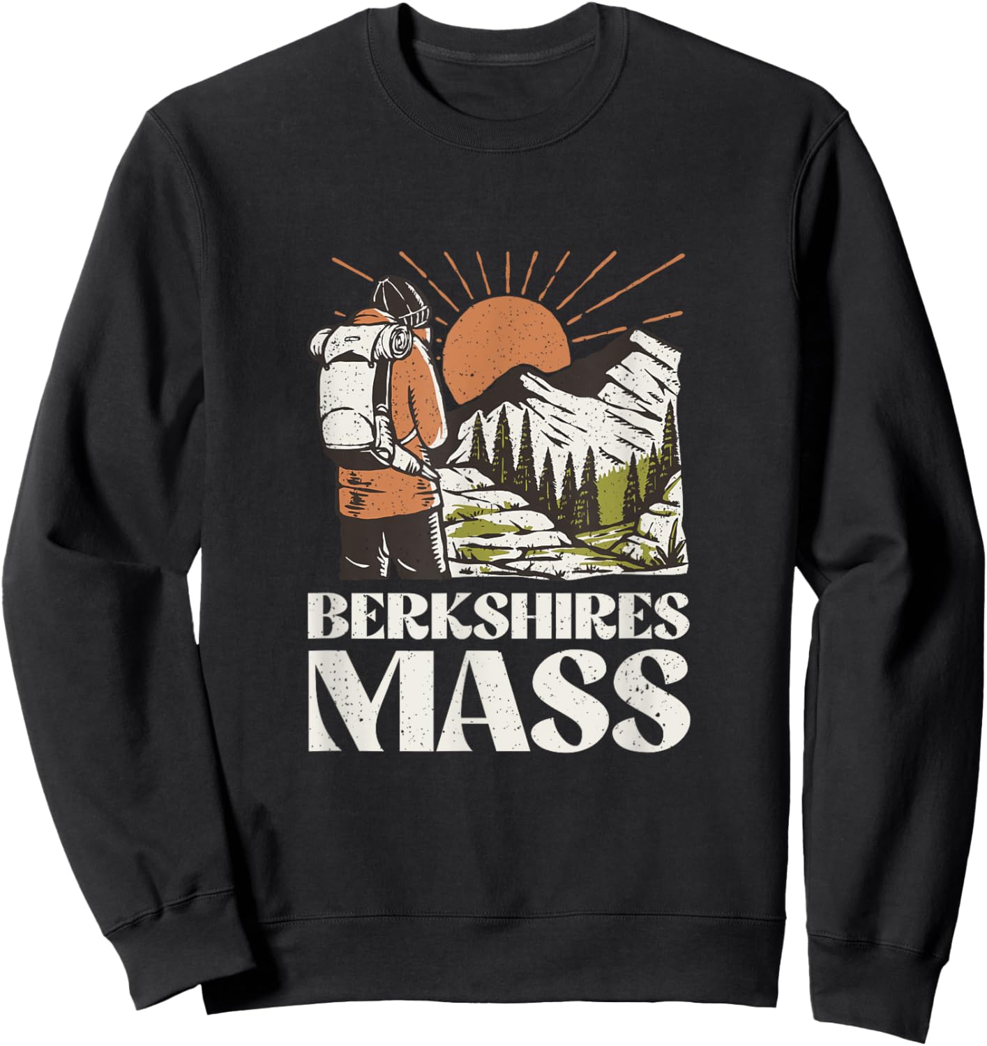 Vintage Hiker on Mountain Berkshires Mass Hiking Sweatshirt - Sweatshirt | Black
