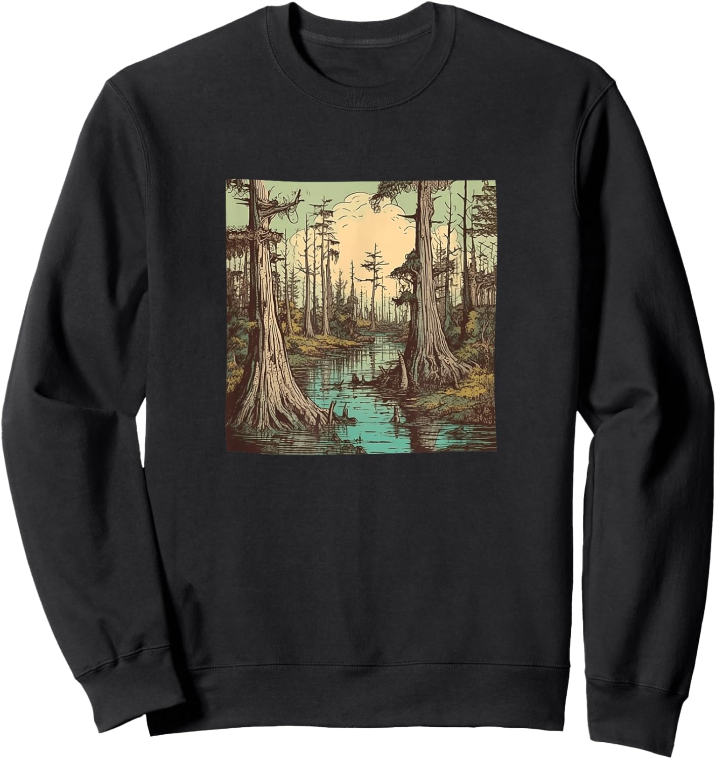 Swamp With Cypress Trees Vintage Landscape Graphic Sweatshirt - Sweatshirt | Black