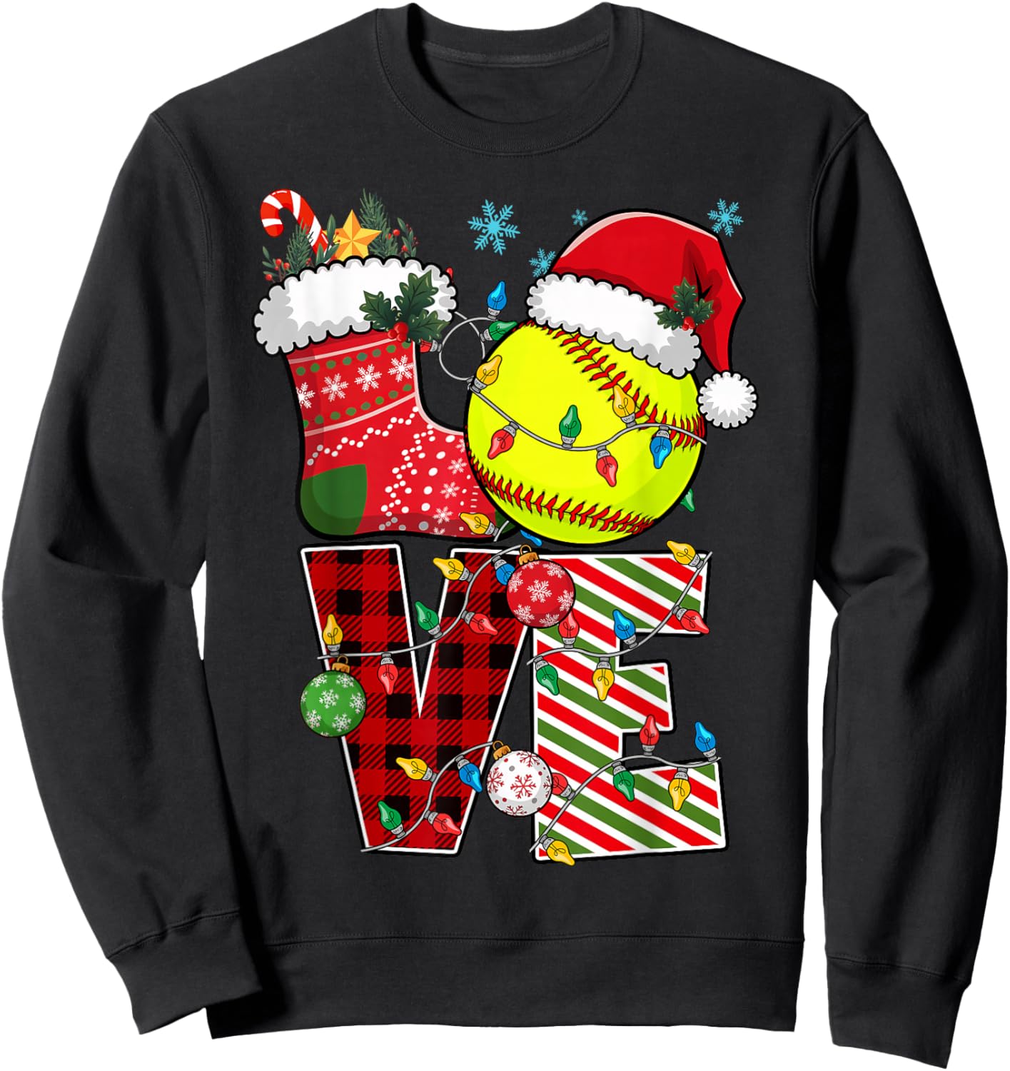 Love Softball Christmas Santa Hat Softball Plaid Color Xmas Sweatshirt - Sweatshirt | Black