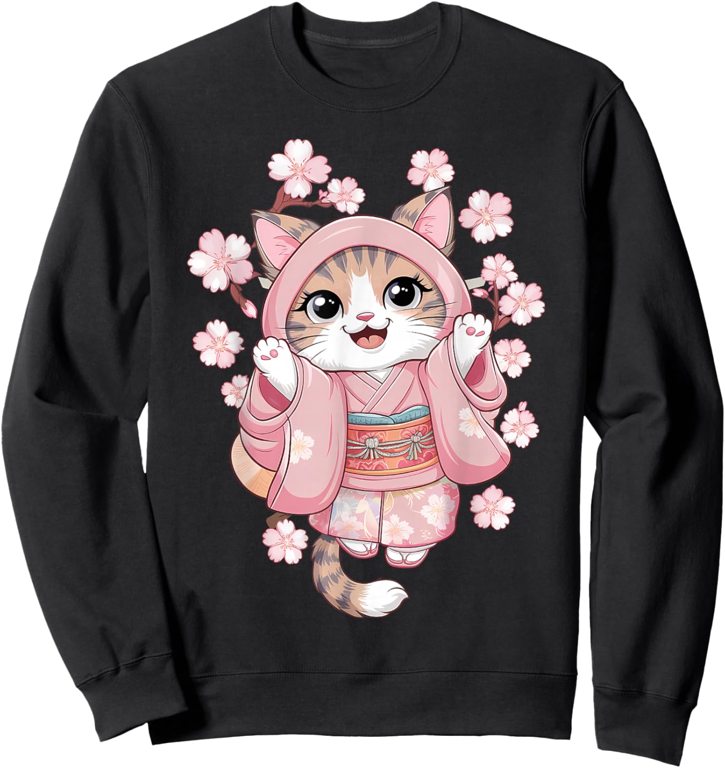 Cherry Blossom Japanese Anime Kawaii Cat Kimono Dress Sweatshirt - Sweatshirt | Black
