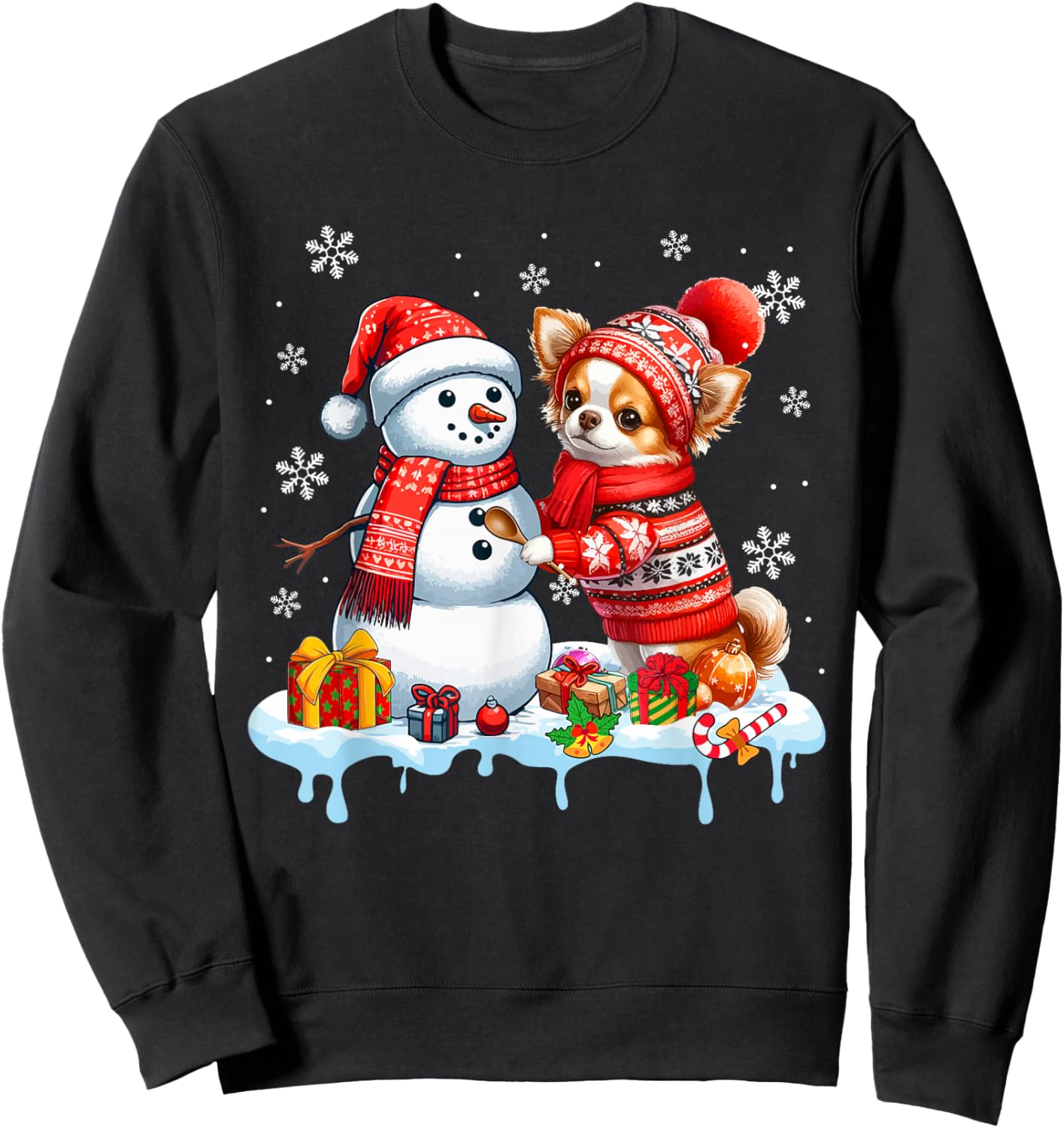 Santa Chihuahua Builds Snowman Christmas Dog Owner Kids Sweatshirt - Sweatshirt | Black
