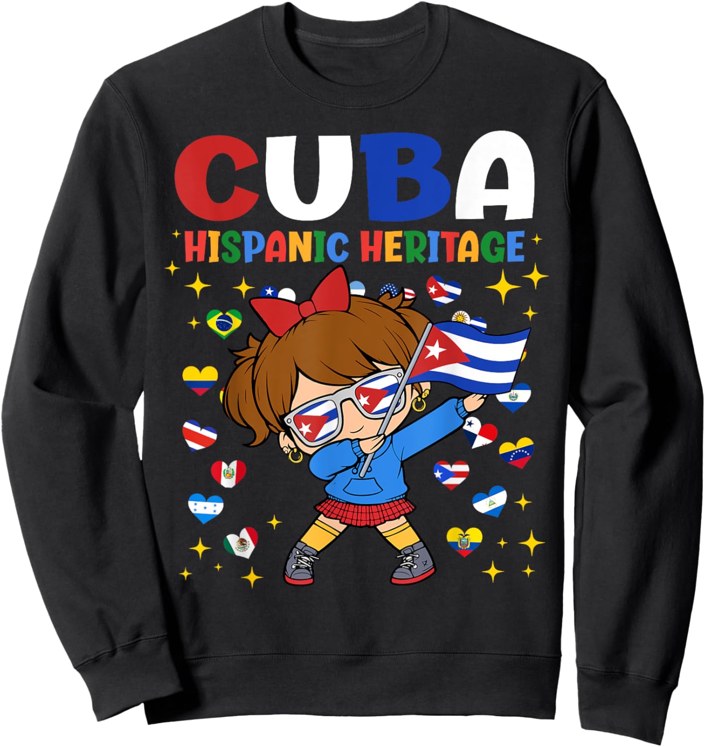 Hispanic Heritage Month Cuba Flag Cuban Girl Kids Sweatshirt - Sweatshirt | Black